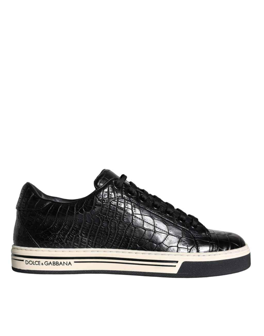 Chaussures sneakers basses en cuir noir pour homme de Dolce & Gabbana, vue de face avec détails du design.