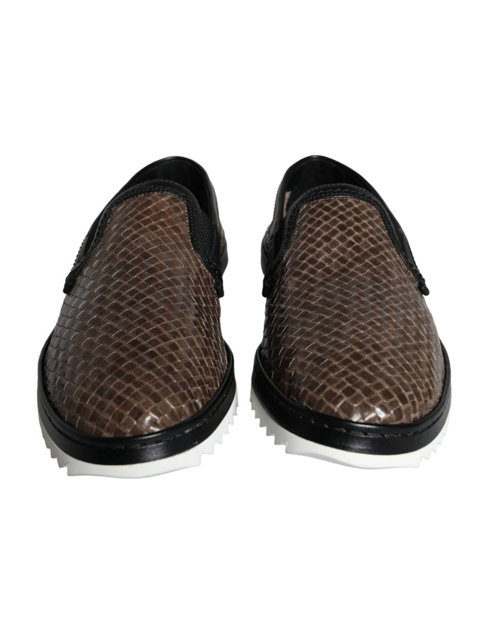 Chaussures mocassins pour hommes en cuir tressé marron et noir de Dolce & Gabbana, vue de face.