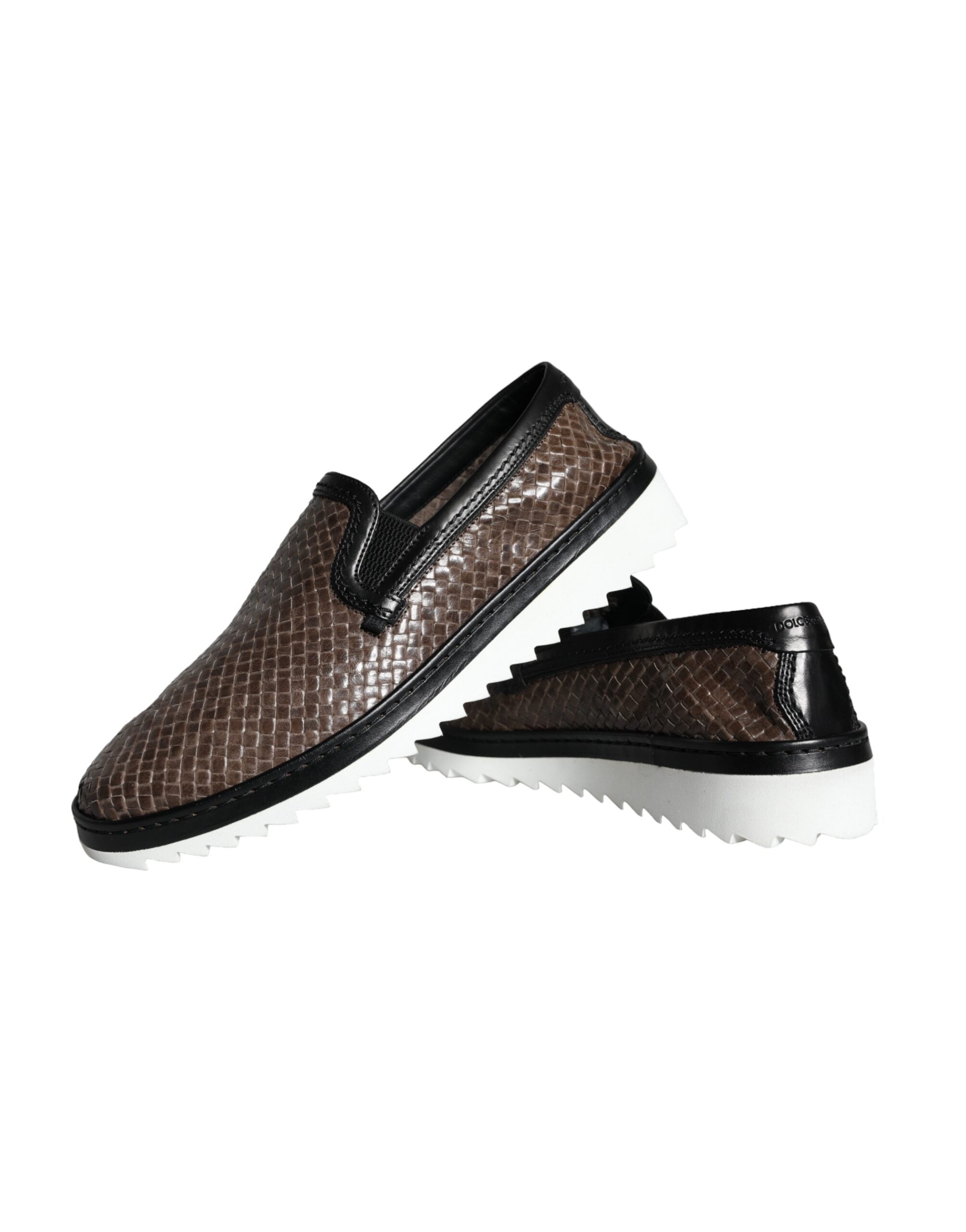 Chaussures mocassins pour homme Dolce & Gabbana en cuir marron et noir tressé, style élégant et sophistiqué.