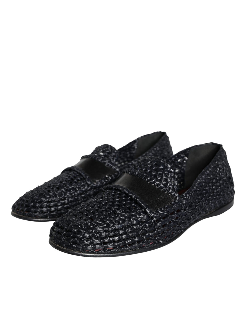 Chaussures à enfiler Dolce & Gabbana pour hommes, loafers noirs en raphia tissé, style élégant et décontracté.