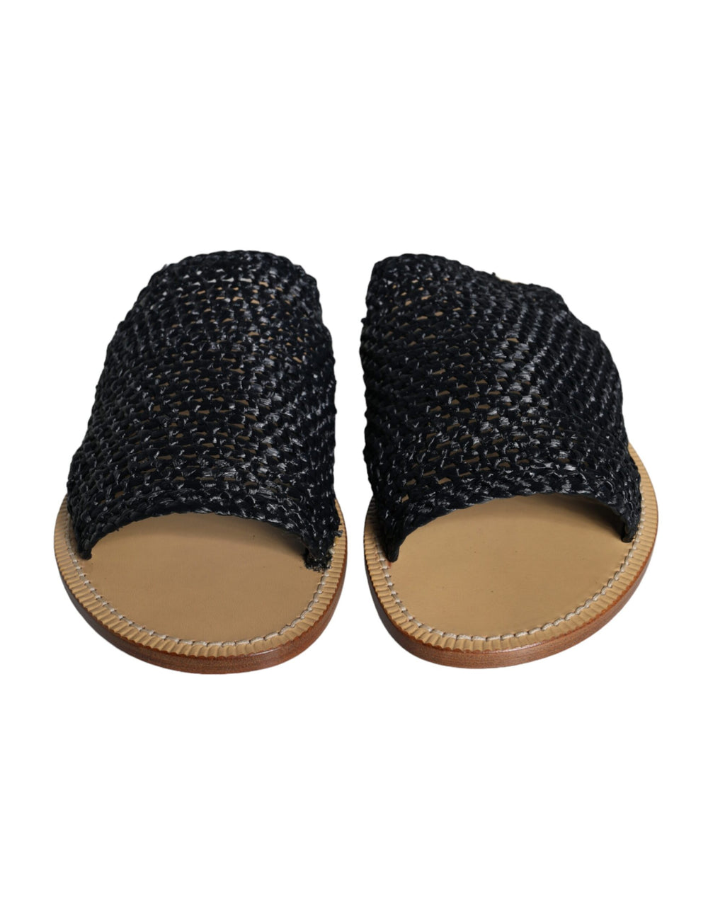 Sandales Dolce & Gabbana en raffia noir à tresses, chaussures plates élégantes pour femme, vue de face.