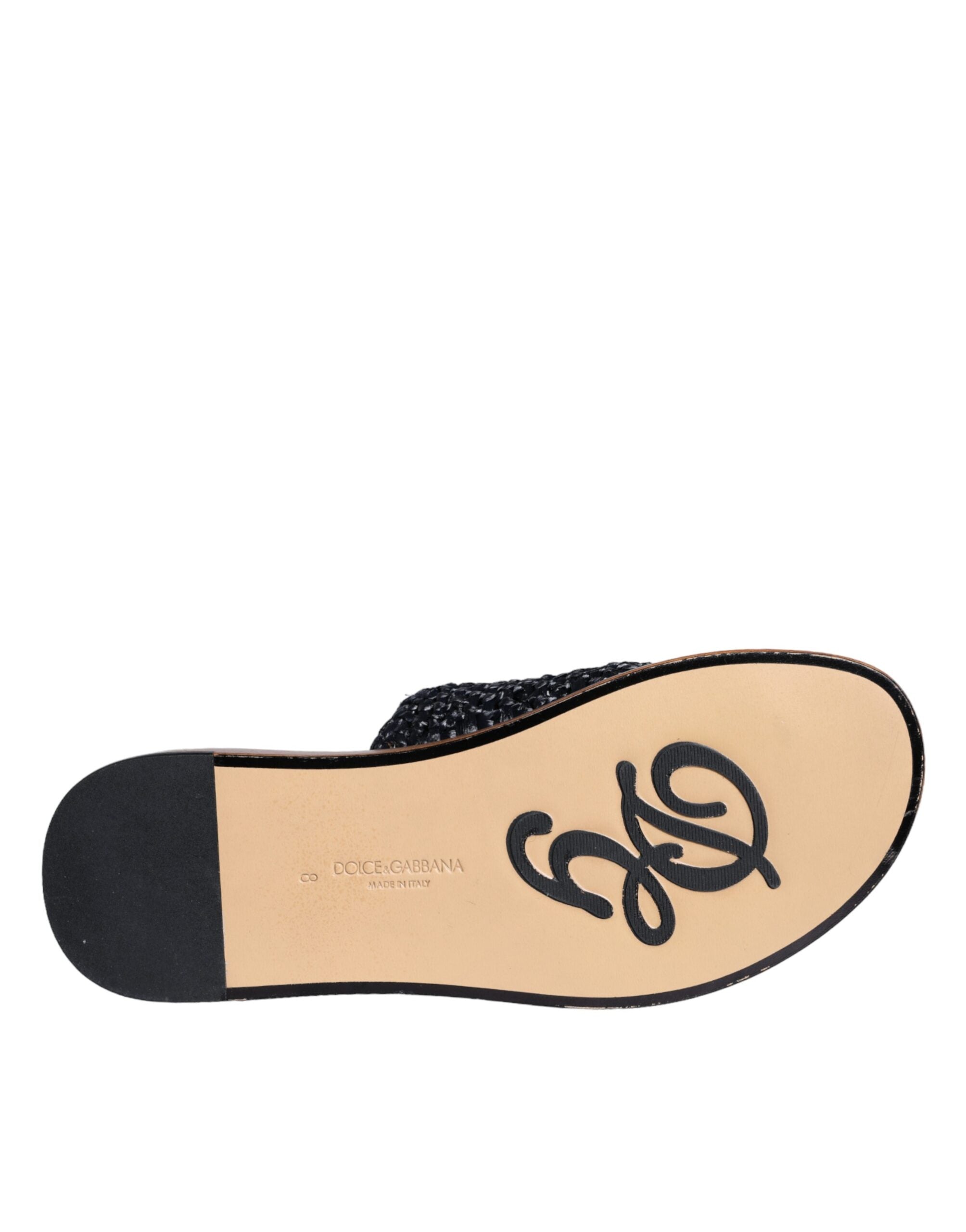 Sandales Dolce & Gabbana en raffia noir à tresse monochrome, vue de face.