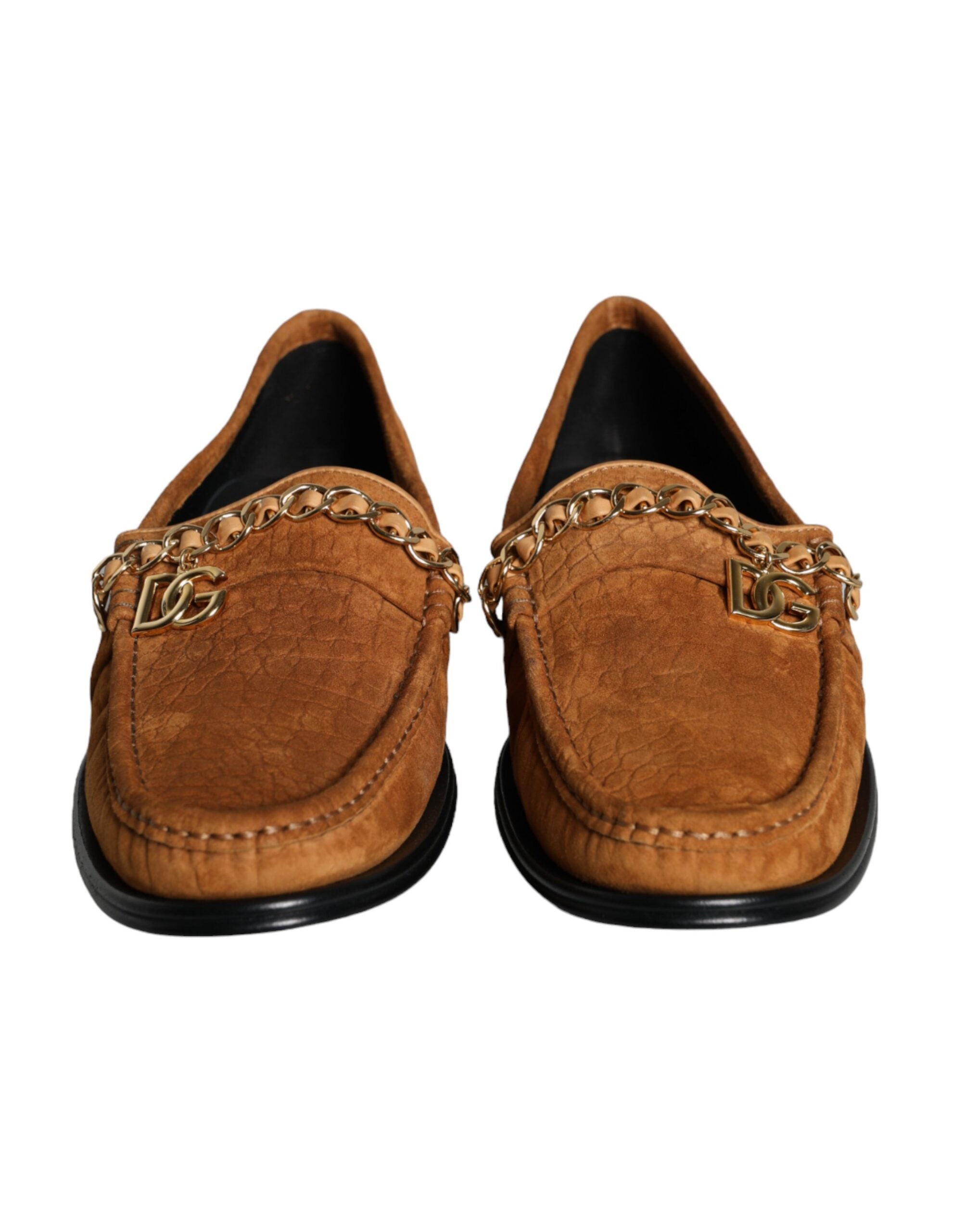 Mocassins en velours marron en cuir Dolce & Gabbana avec logo, style slip-on et design élégant visible sur l'image.