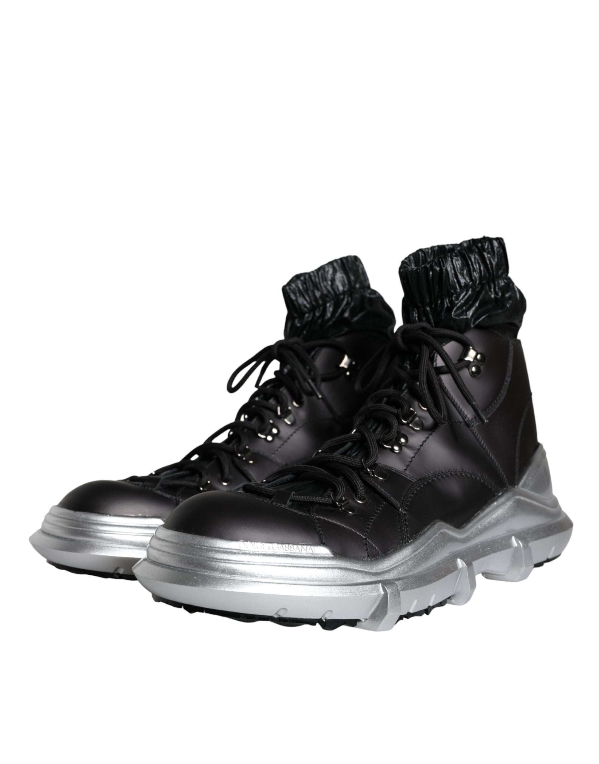 Chaussures sneakers hautes en nylon noir Dolce & Gabbana Galileo, baskets de style urbain, vue de face.