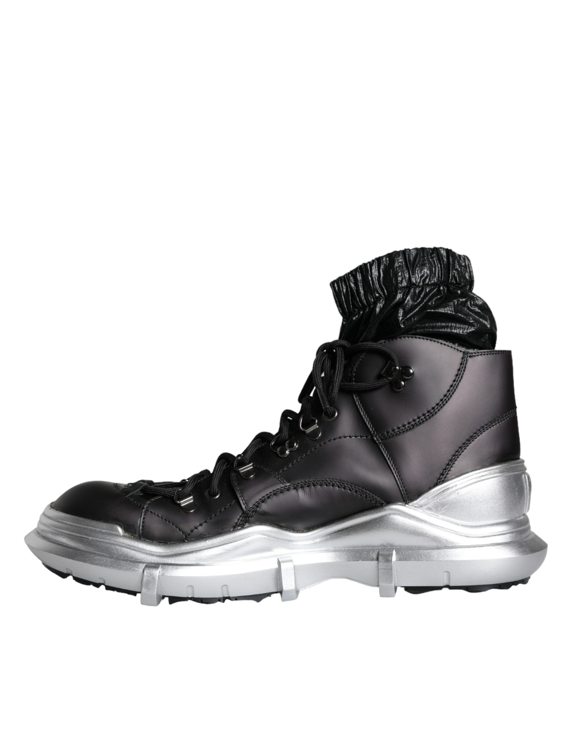 Chaussures sneakers montantes en nylon noir Dolce & Gabbana Galileo high top, vue de face.