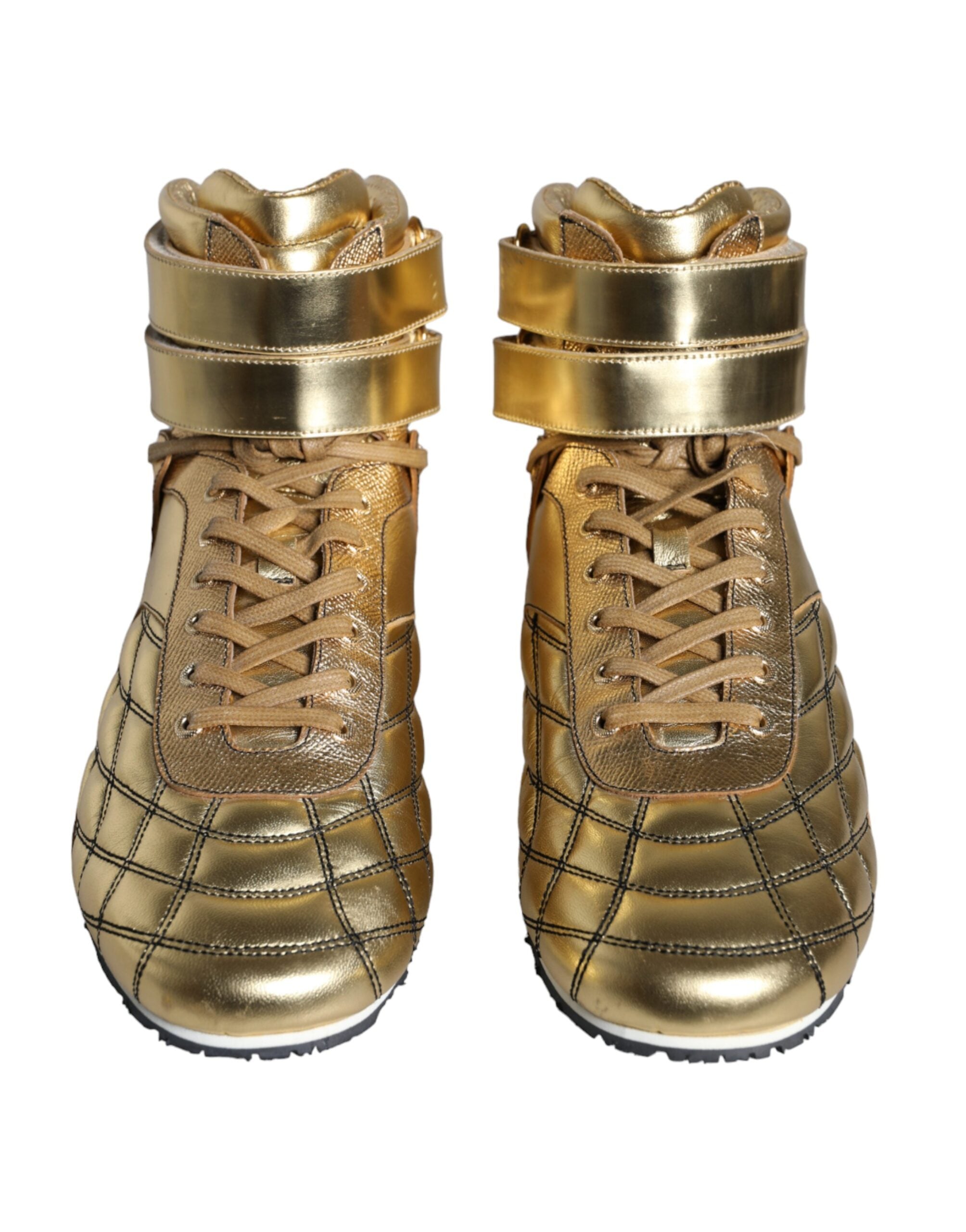 Chaussures sneakers hautes Dolce & Gabbana Sartoria en cuir doré, silhouette élégante et style moderne, vues de face.