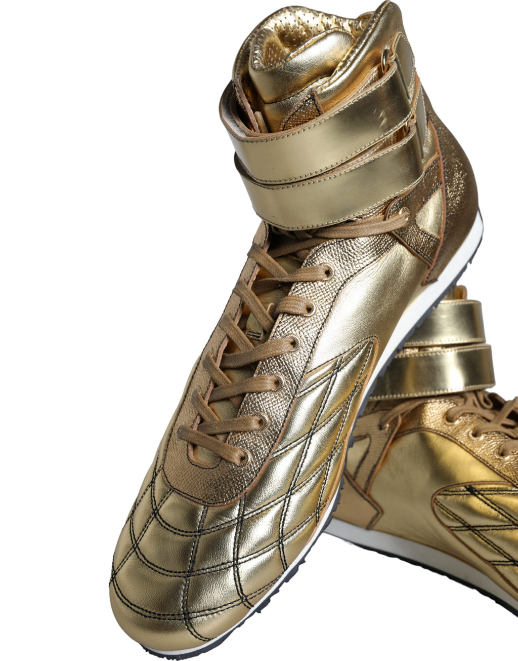 Chaussures hautes Dolce & Gabbana Sartoria en cuir doré, sneakers de luxe avec semelle blanche et design élégant.