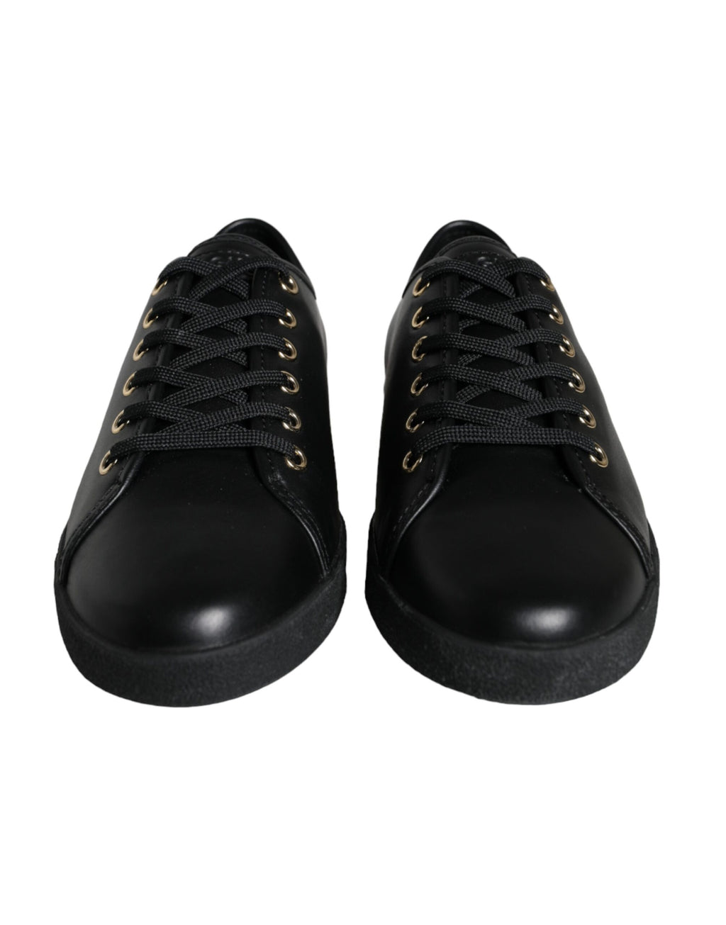 Chaussures sneakers classiques en cuir noir et or de Dolce & Gabbana, vue de face avec détails élégants.