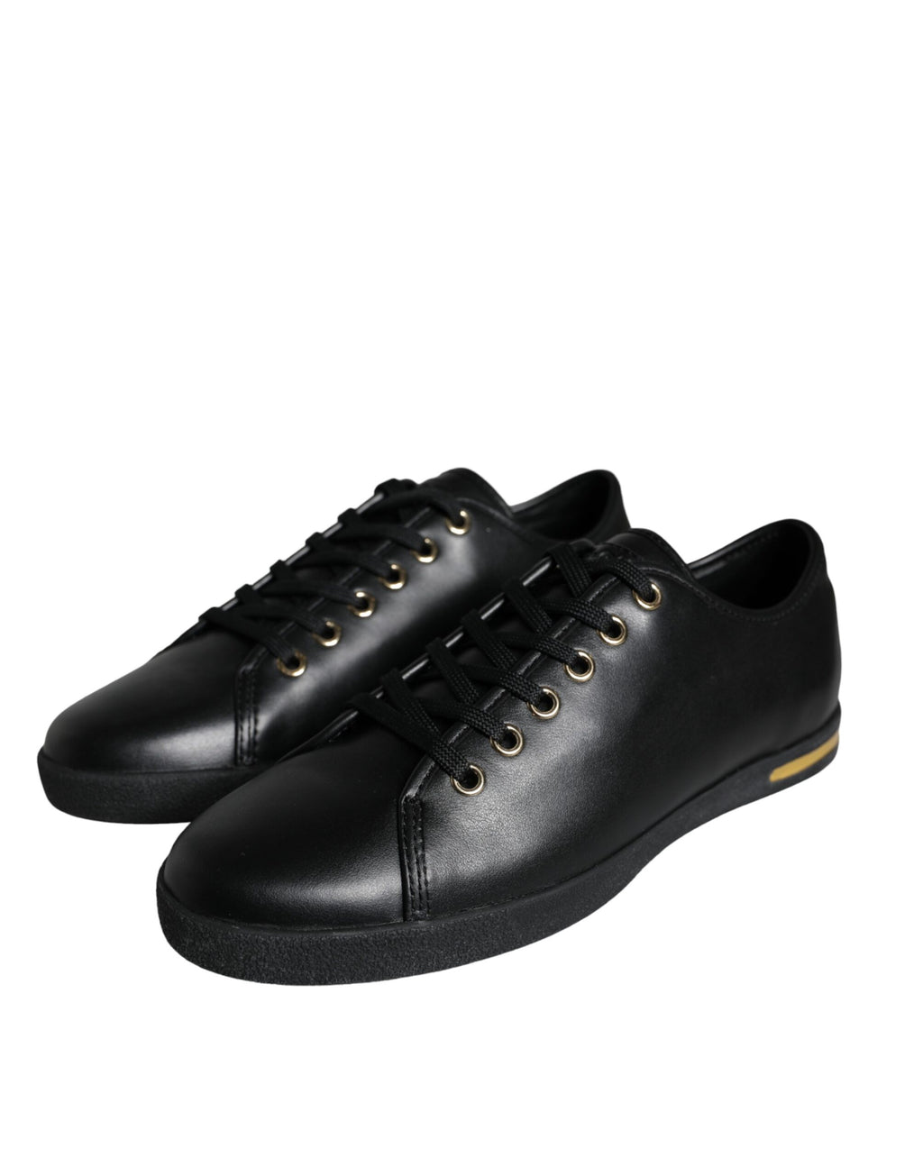 Chaussures sneakers classiques Dolce & Gabbana en cuir noir et or, visibles avec détails de la marque sur le dessus.