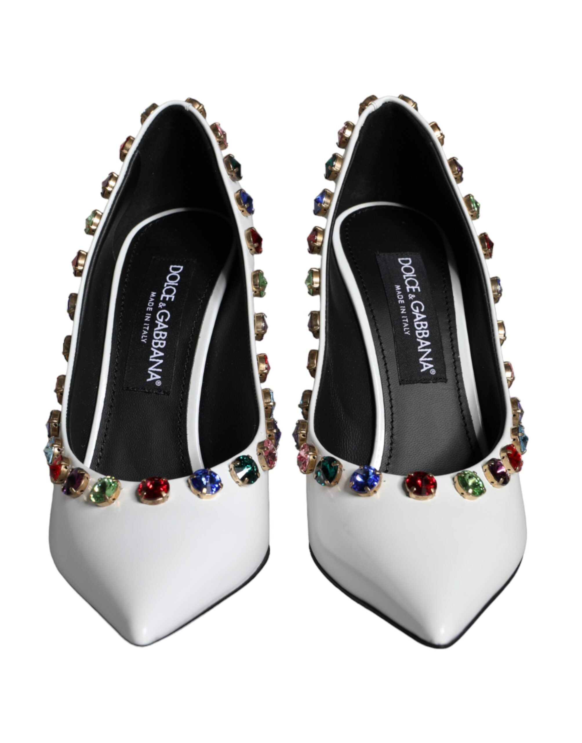 Escarpins en cuir blanc Dolce & Gabbana avec cristaux, chaussures à talons hauts élégantes et raffinées.
