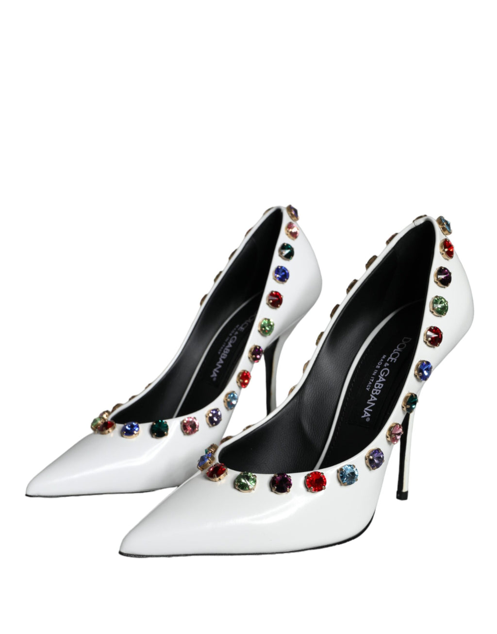 Escarpins en cuir blanc Dolce & Gabbana avec cristaux, talons hauts élégants et design sophistiqué.