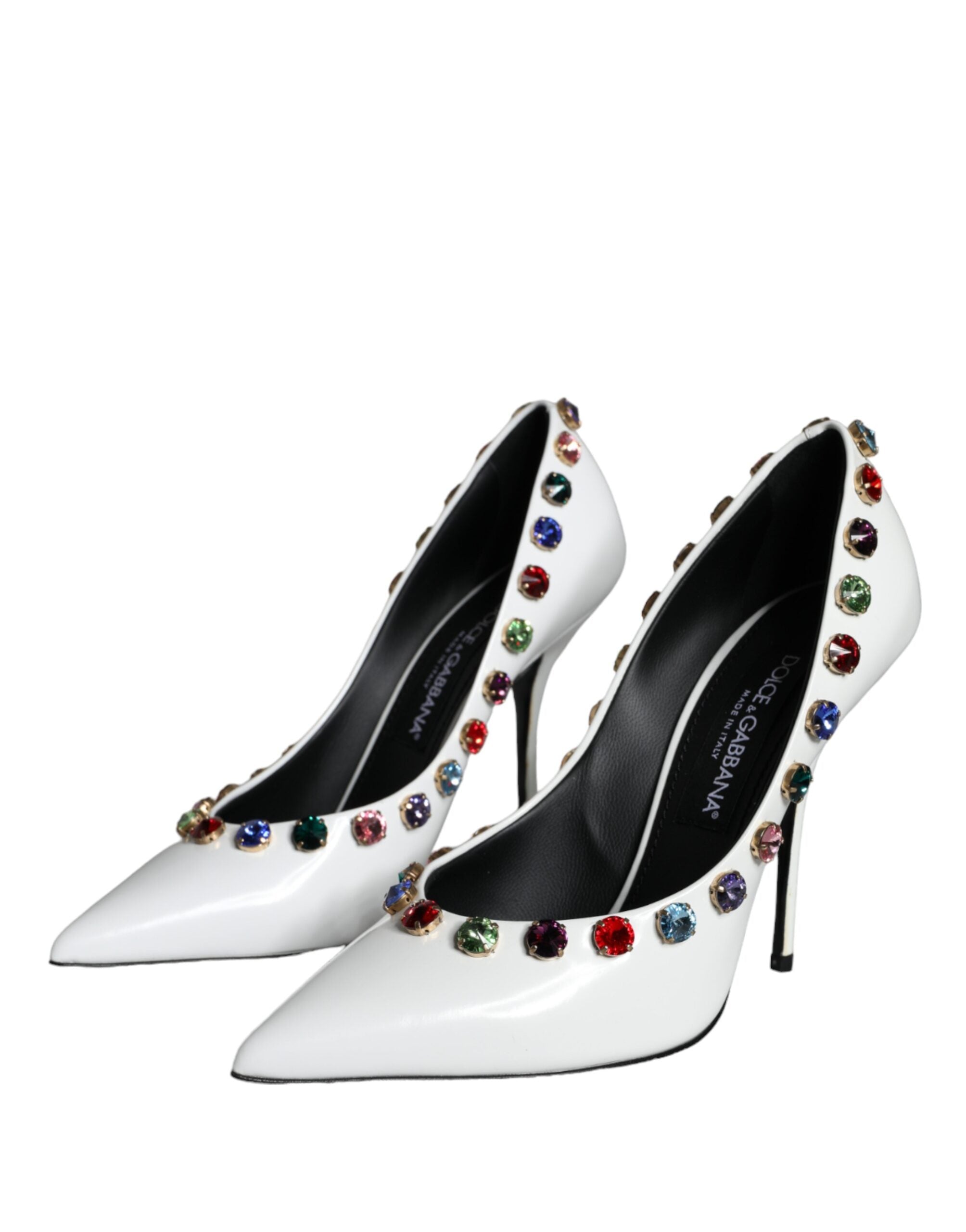 Escarpins en cuir blanc Dolce & Gabbana avec cristaux, talons hauts élégants et design sophistiqué.