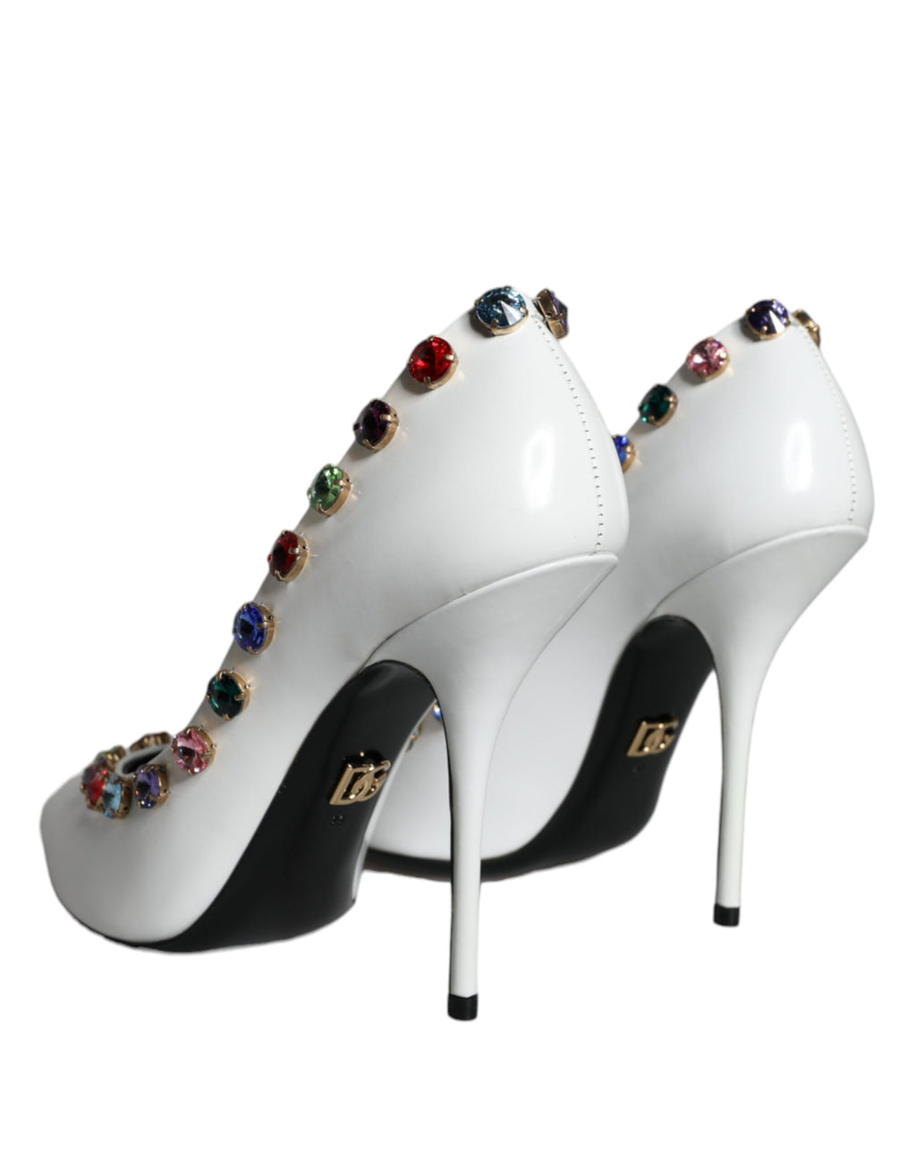 Escarpins en cuir blanc avec cristaux Dolce & Gabbana, talons hauts et design élégant pour femmes.