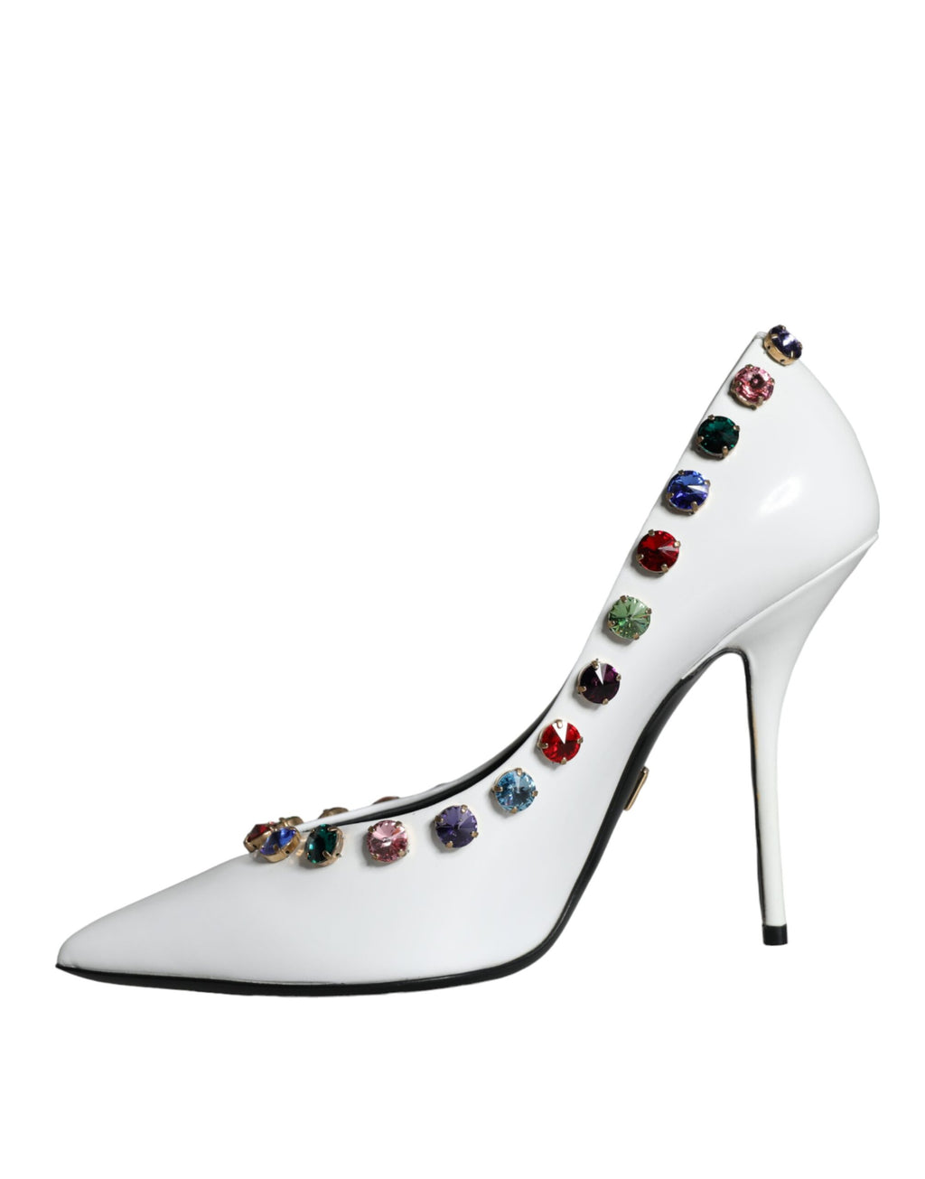 Escarpins en cuir blanc avec cristaux Dolce & Gabbana, talons hauts élégants et chaussures sophistiquées pour femmes.