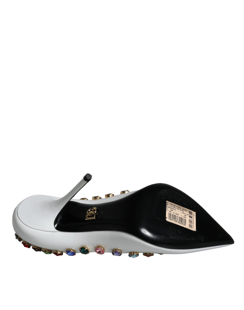 Escarpins en cuir blanc avec cristaux de Dolce & Gabbana, talons hauts élégants et sophistiqués.