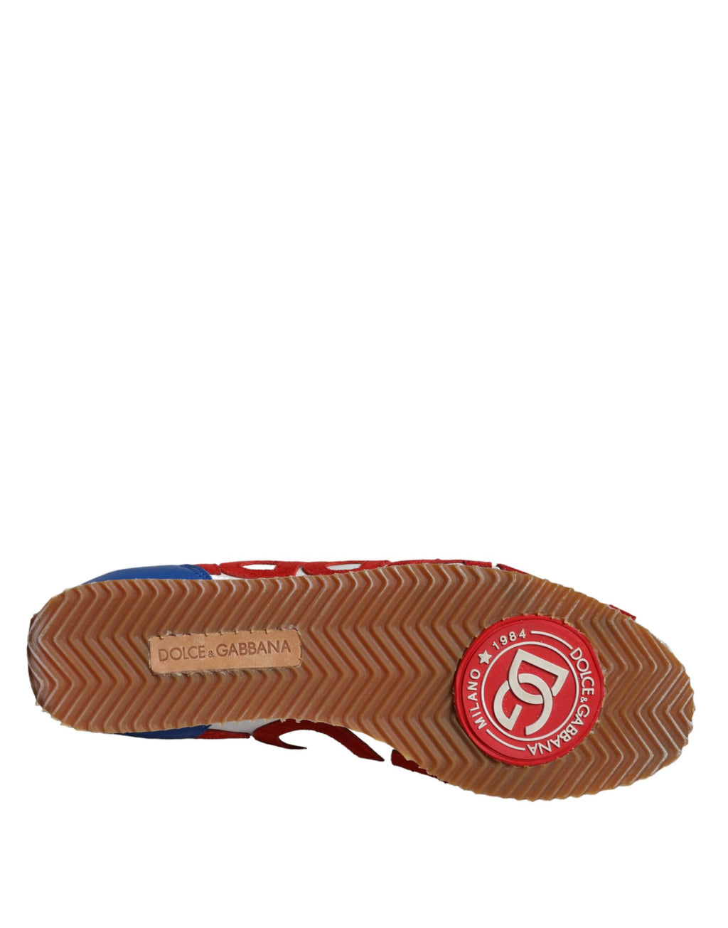 Chaussures sneakers décontractées Dolce & Gabbana en cuir multicolore avec logo, vue en gros plan.