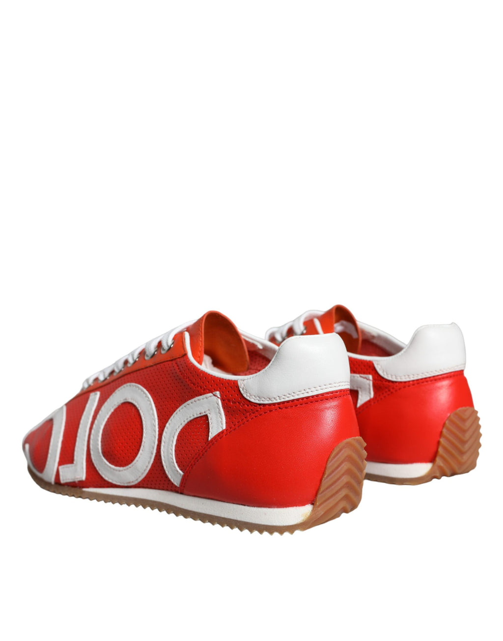 Chaussures sneakers Dolce & Gabbana en cuir rouge et blanc avec logo casual, vue de face.