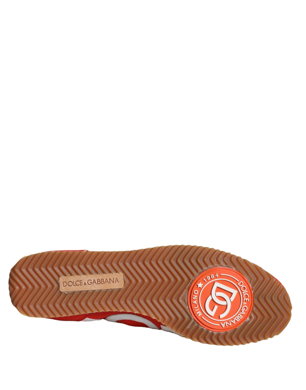 Chaussures sneakers décontractées Dolce & Gabbana en cuir rouge et blanc avec logo, vue de face.