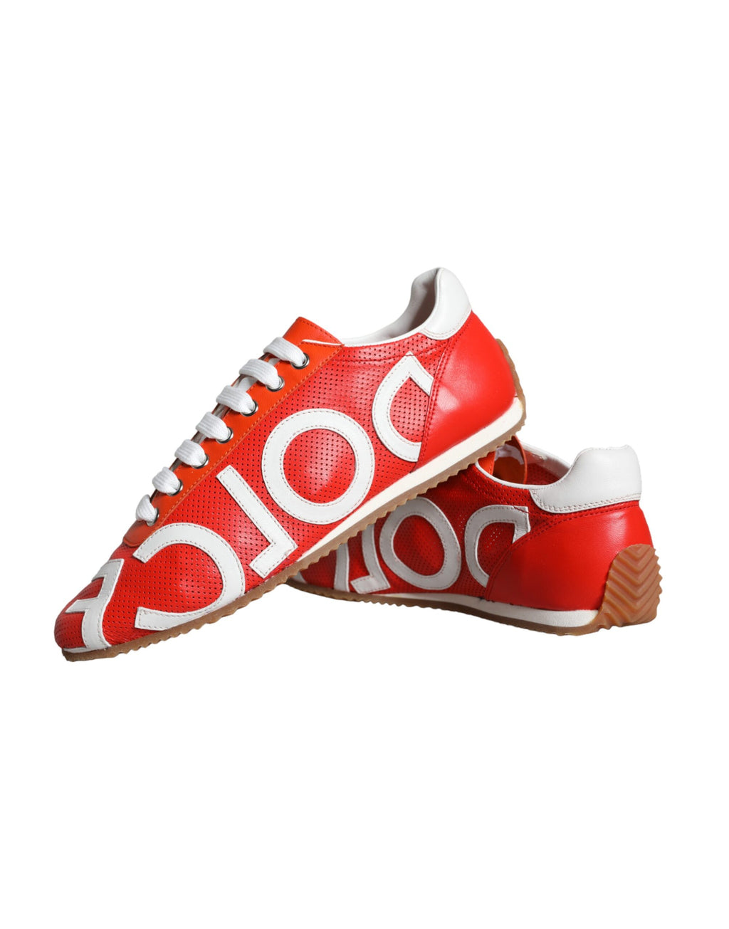 Chaussures sneakers décontractées Dolce & Gabbana en cuir rouge et blanc avec logo, vue de face sur fond blanc.