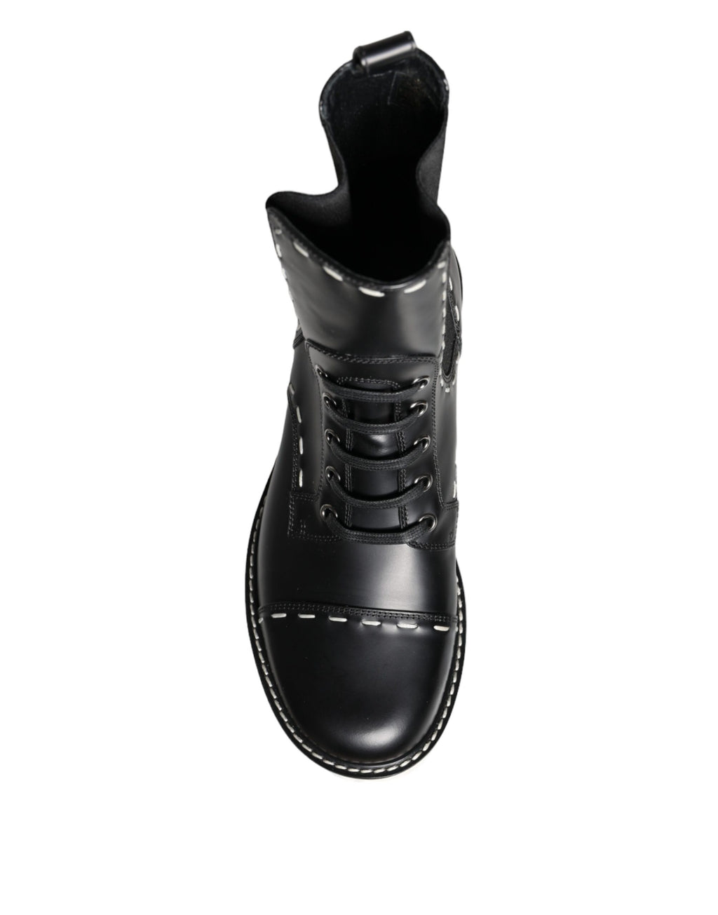 Bottes combat en cuir noir Dolce & Gabbana, mi-mollet, avec semelles robustes et détails élégants.