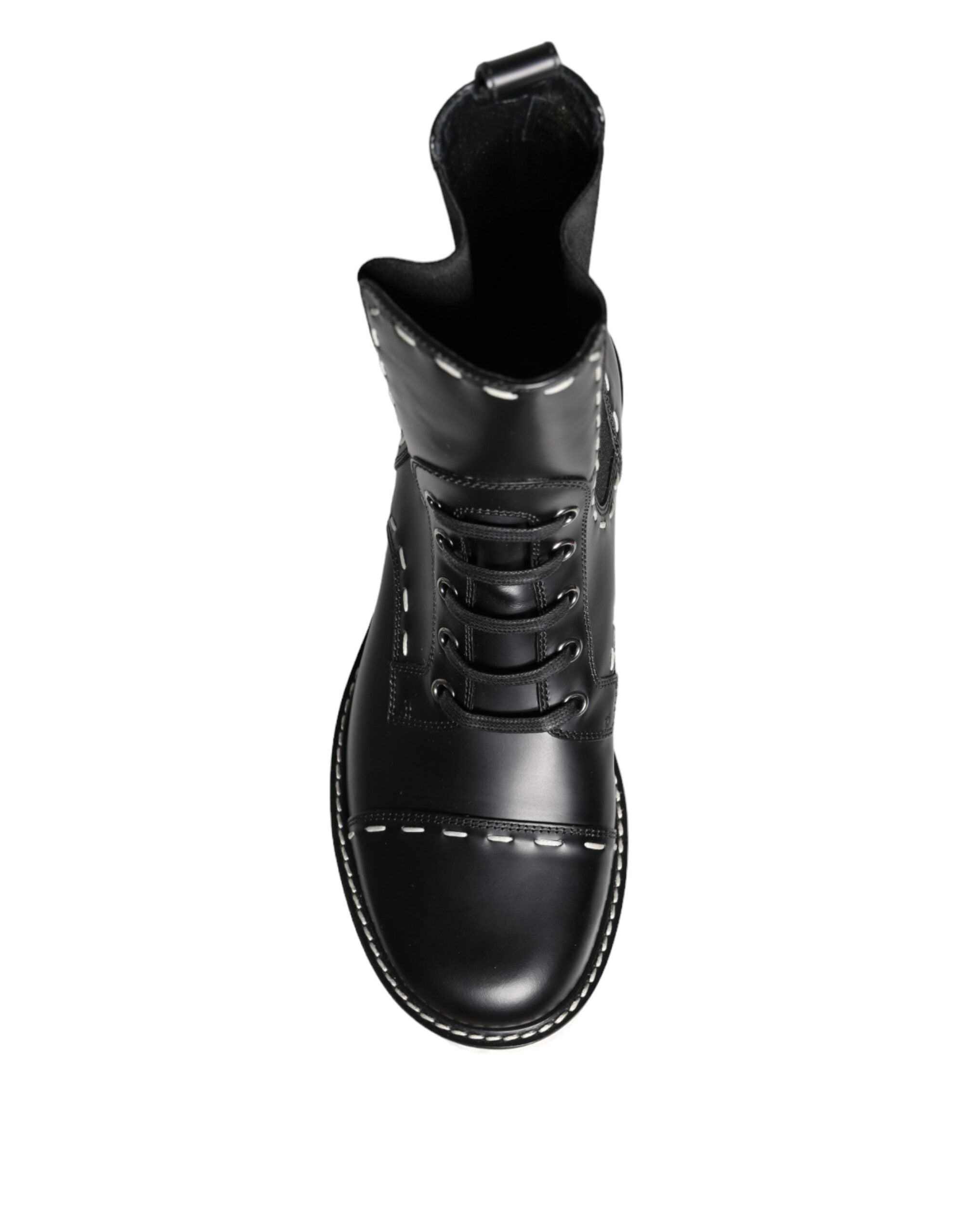 Bottes combat en cuir noir Dolce & Gabbana, mi-mollet, avec semelles robustes et détails élégants.