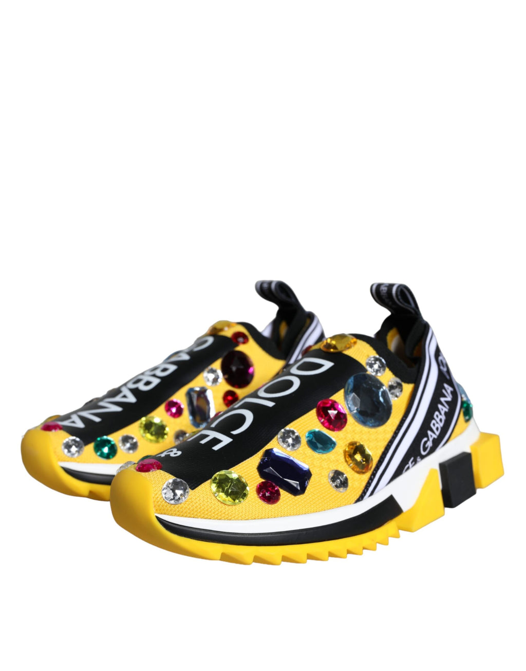 Chaussures pour femmes Dolce & Gabbana Sorrento jaunes avec cristaux, baskets élégantes en cuir et détails brillants.
