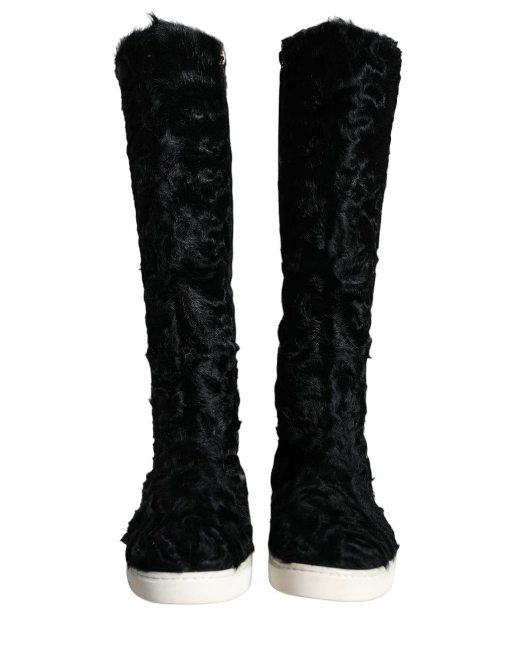 Bottes en cuir et fourrure de mouton noir Dolce & Gabbana Xiangao, élégantes et sophistiquées, vues de face.
