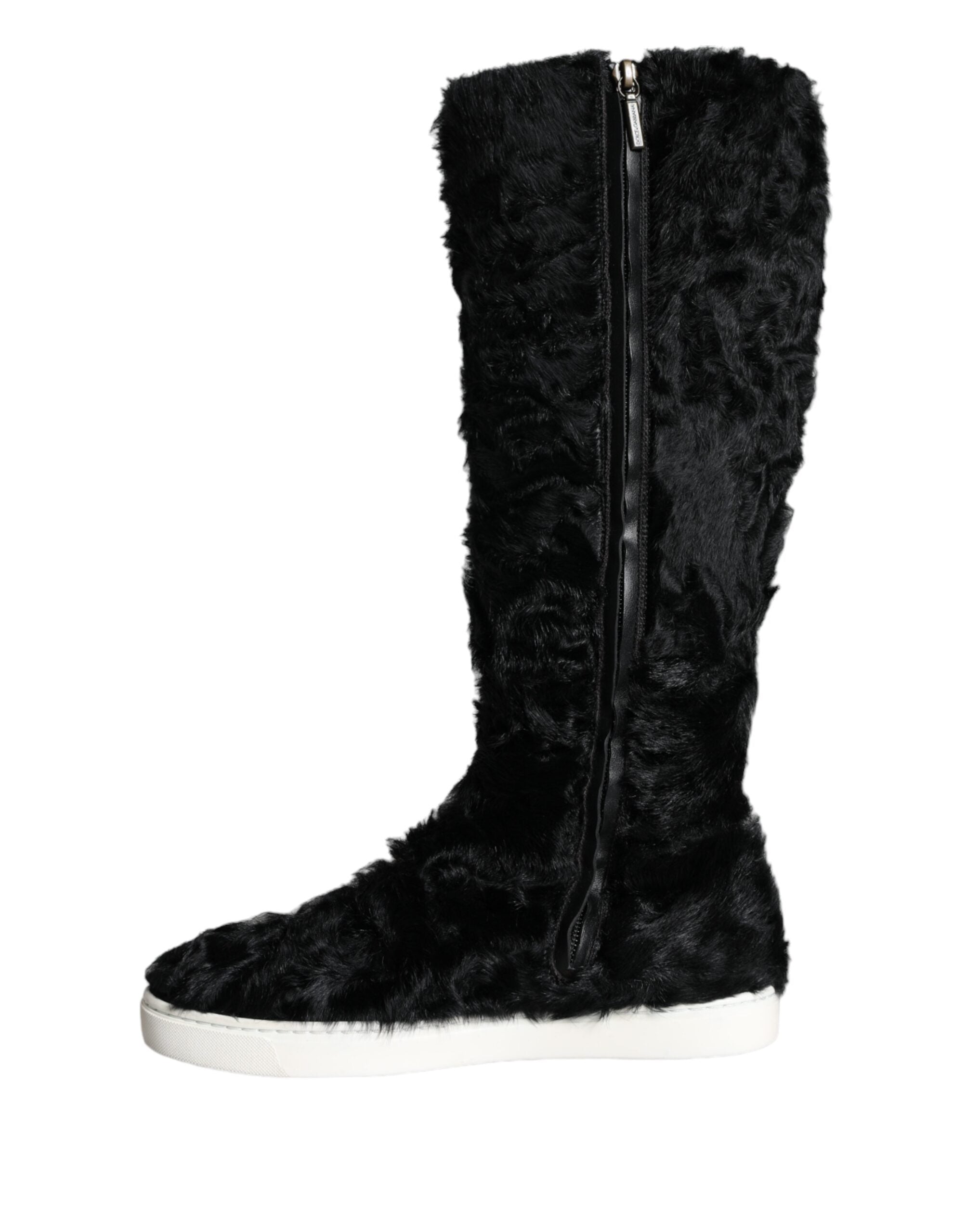 Bottes en cuir et fourrure d'agneau noires Dolce & Gabbana Xiangao, chaussures élégantes et sophistiquées.