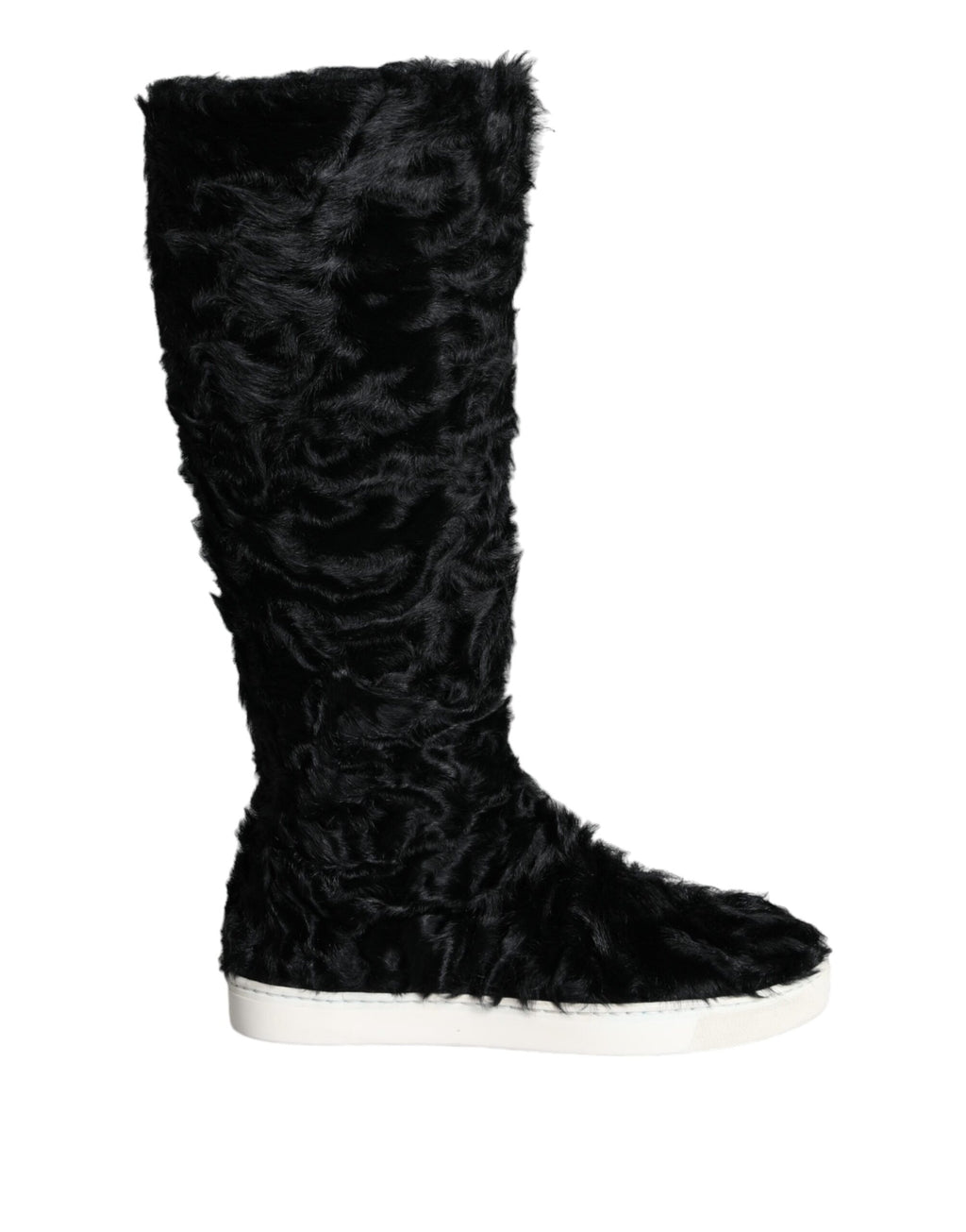Bottes noires en cuir et fourrure d'agneau Dolce & Gabbana, style élégant et sophistiqué, vue de face.