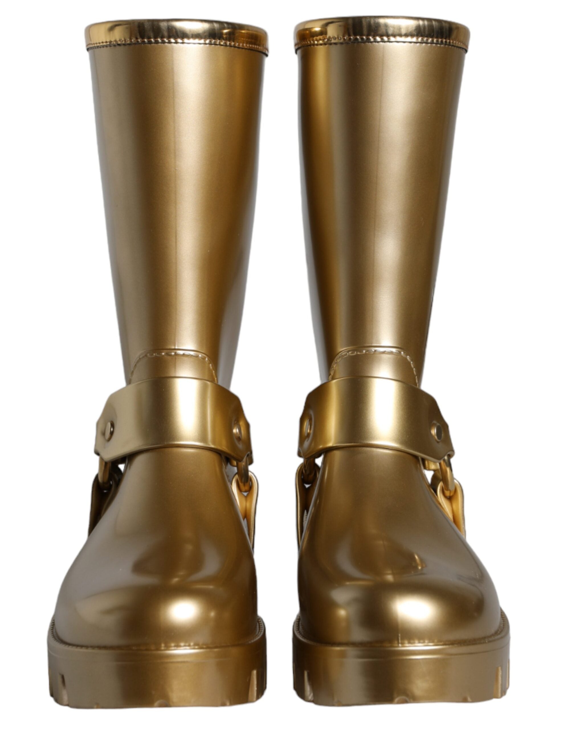 Bottes de pluie en caoutchouc PVC doré métallisé de Dolce & Gabbana, chaussures élégantes et imperméables.