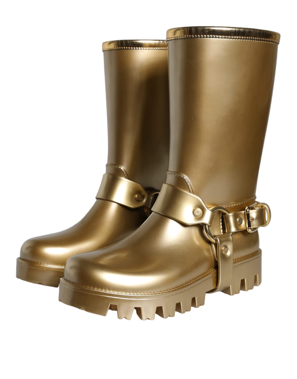 Bottes de pluie en caoutchouc PVC doré et métallique de Dolce & Gabbana, chaussures élégantes et brillantes pour la pluie.