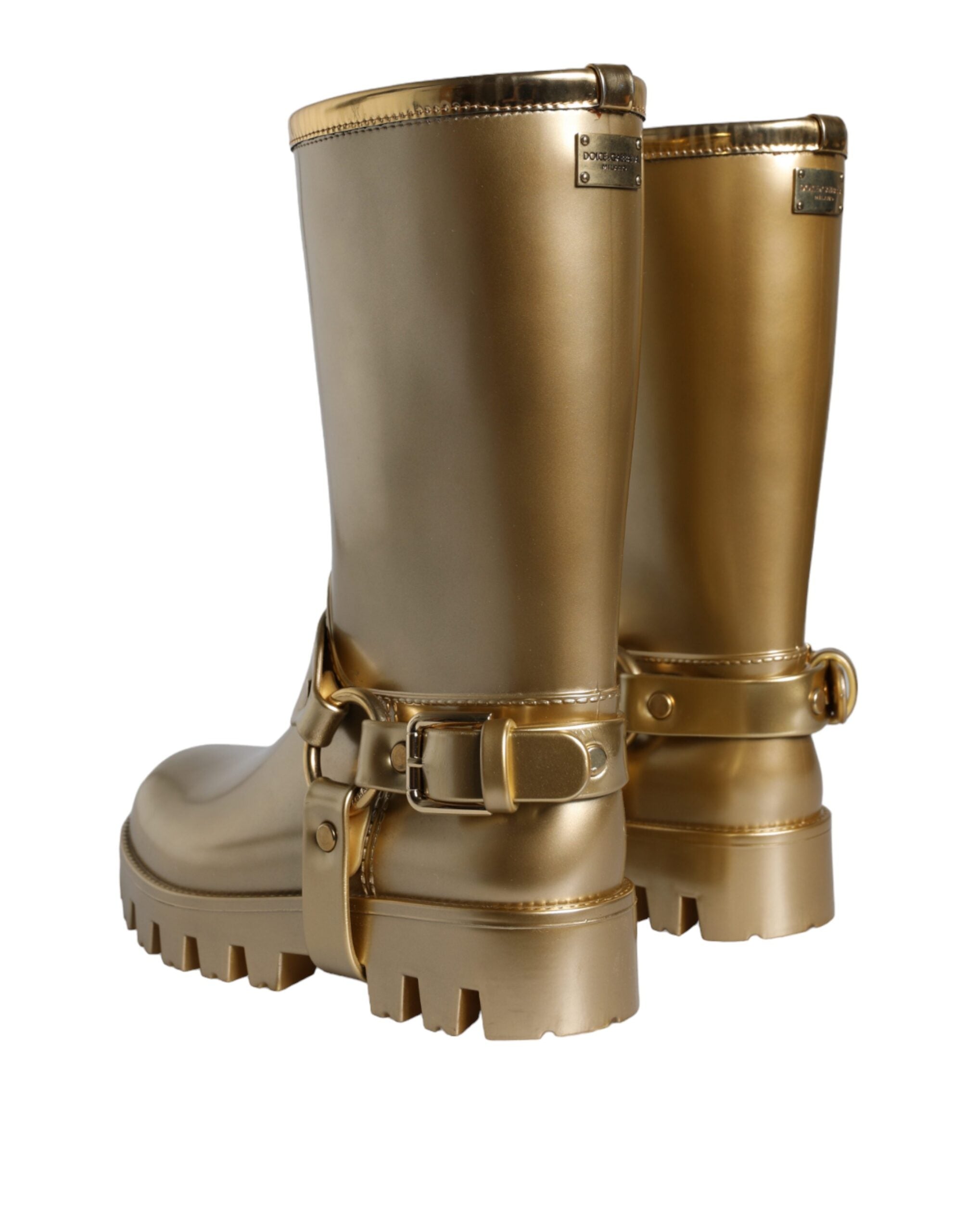 Bottes de pluie en caoutchouc PVC doré métallisé de Dolce & Gabbana, chaussures élégantes et brillantes.