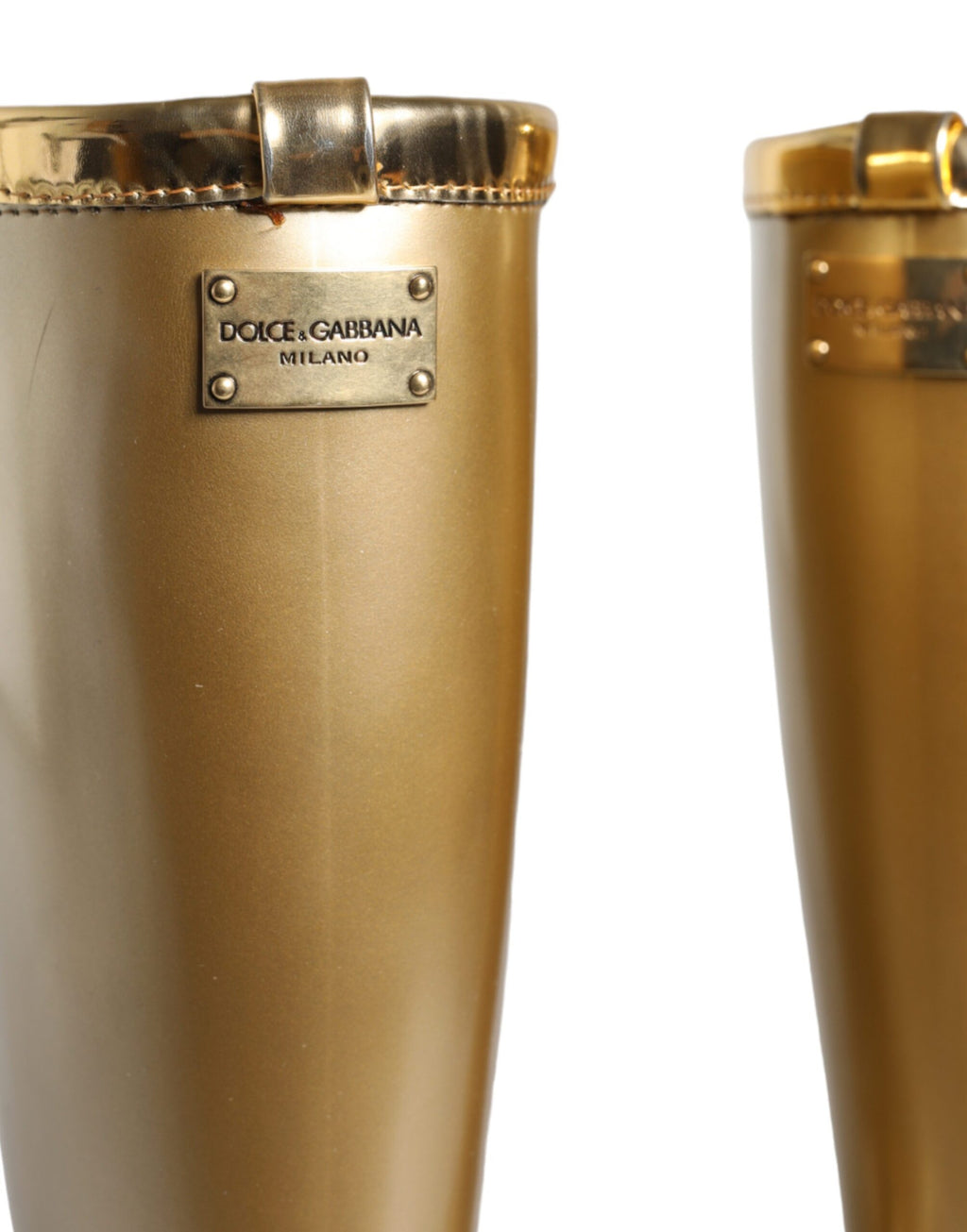 Bottes en caoutchouc doré métallisé Dolce & Gabbana pour la pluie, chaussures en PVC brillantes et élégantes.
