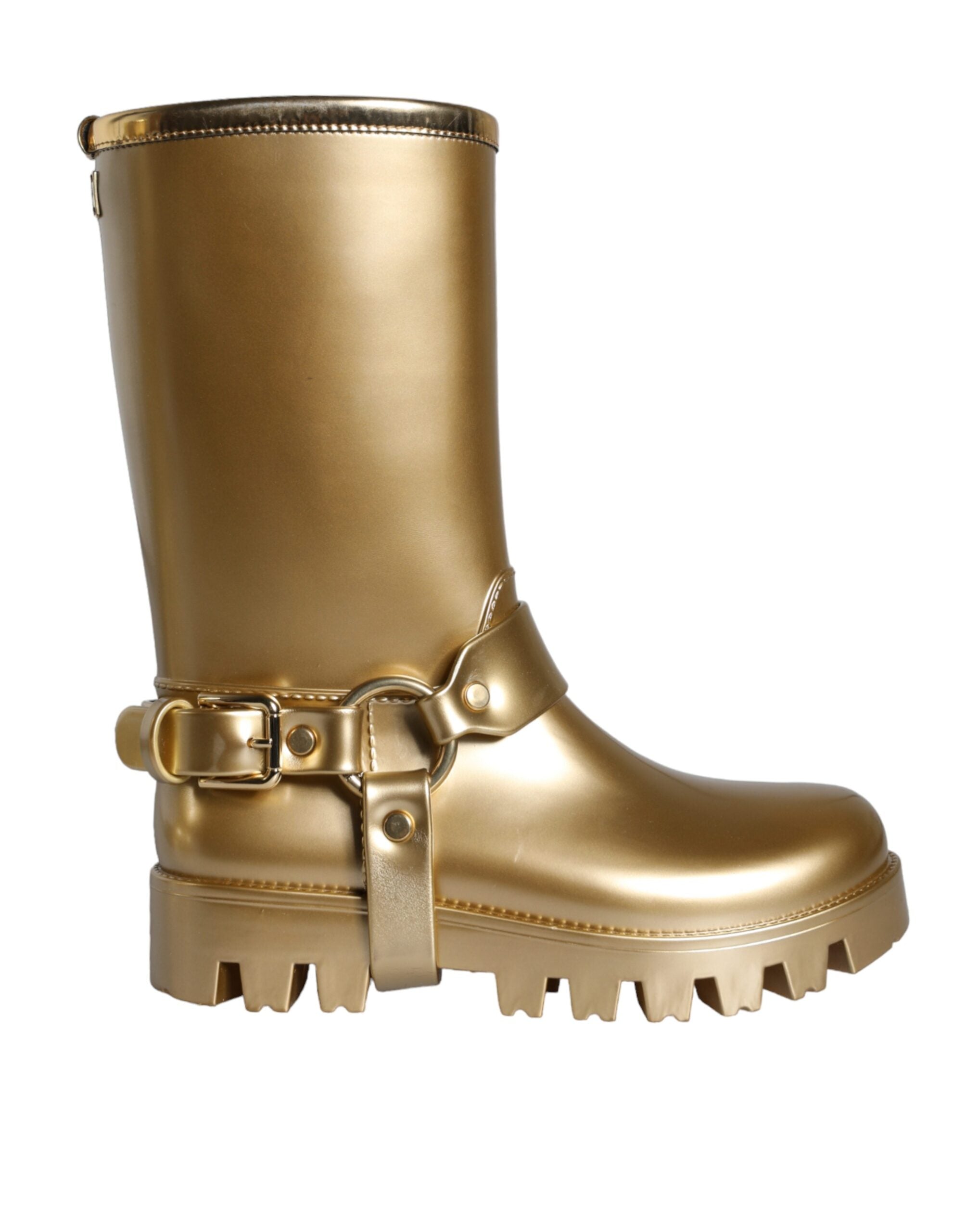 Bottes de pluie en caoutchouc doré métallisé Dolce & Gabbana, chaussures en PVC brillantes pour protection contre la pluie.
