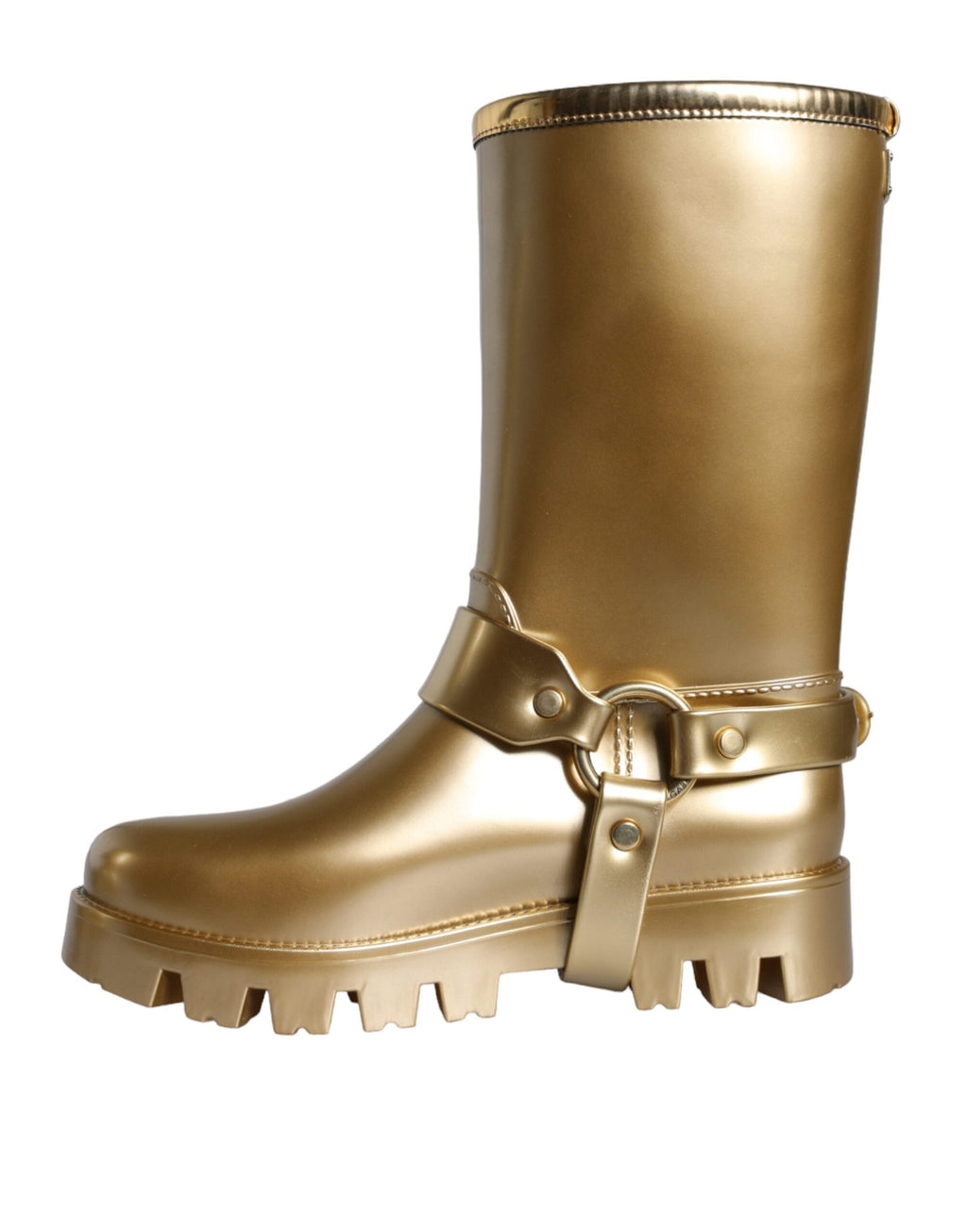 Bottes de pluie en caoutchouc doré métallique Dolce & Gabbana, chaussures résistantes à l'eau, style élégant et moderne.