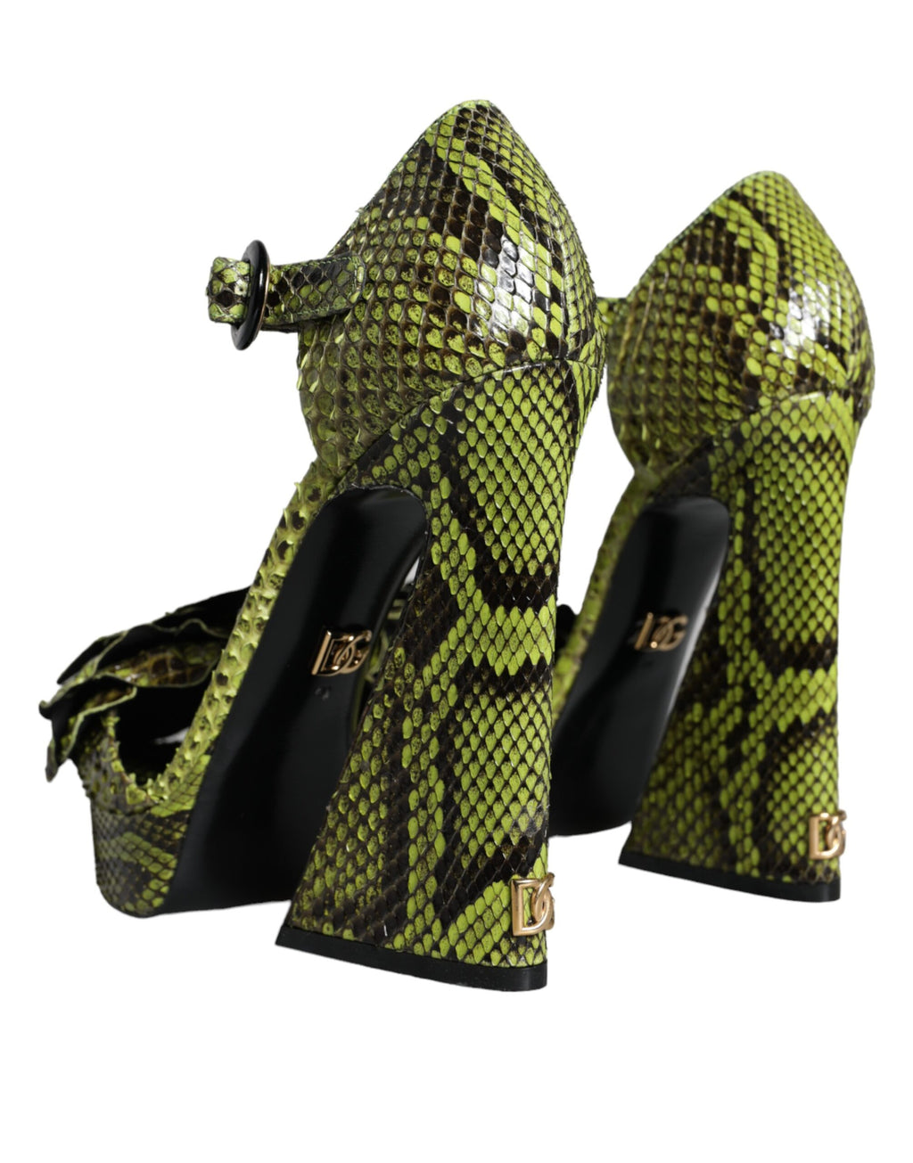 Sandales à talons Dolce & Gabbana en cuir exotique vert avec bride à la cheville, vue de côté.