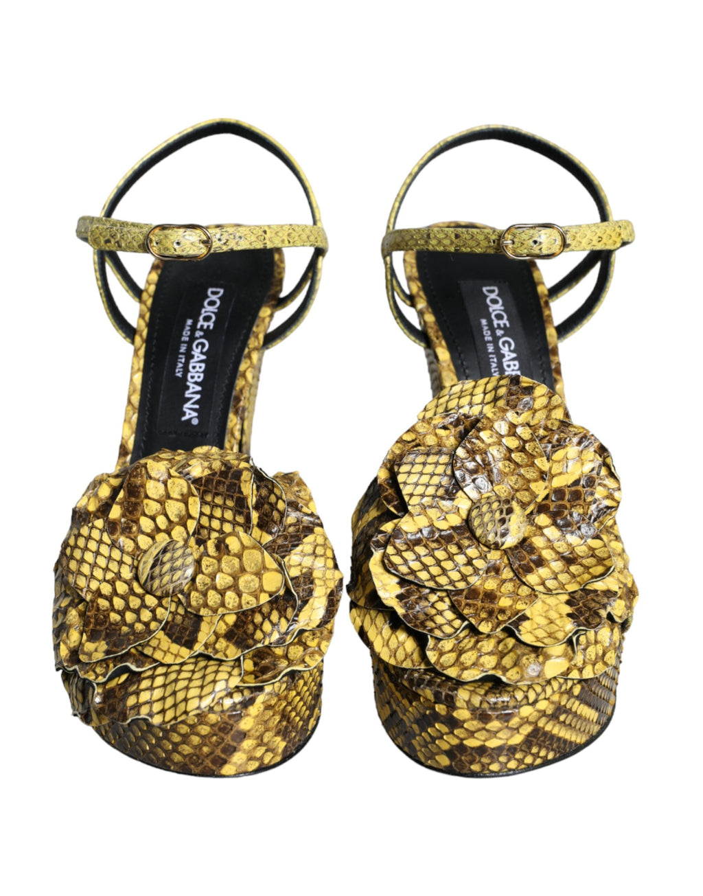 Sandales à talons Dolce & Gabbana en cuir exotique jaune avec bride à la cheville et semelle élégante.