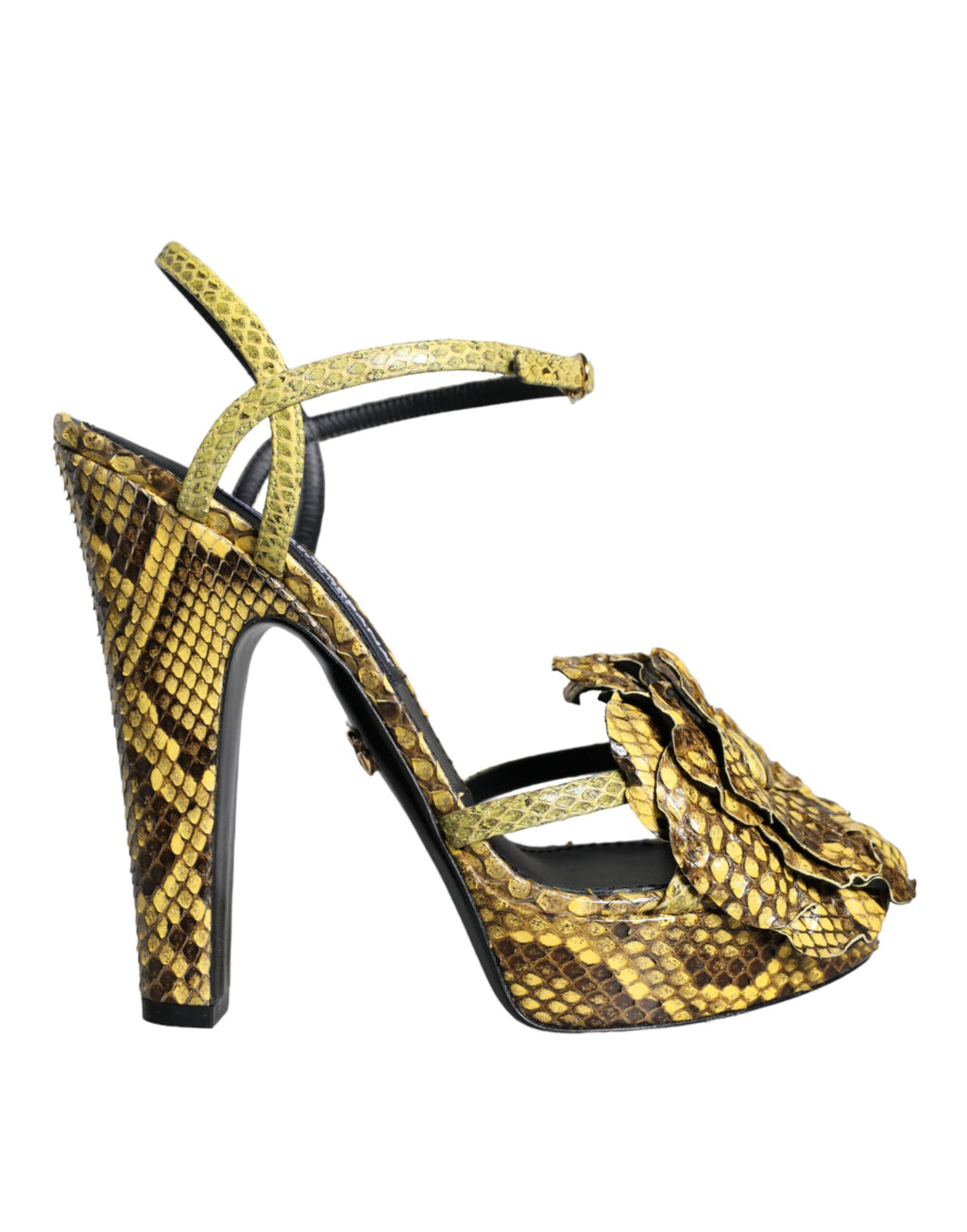 Sandales à talons Dolce & Gabbana en cuir exotique jaune avec bride à la cheville, chaussures élégantes et sophistiquées.
