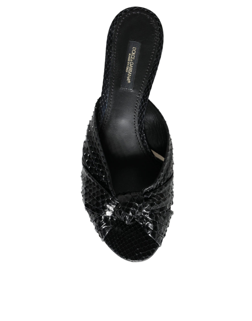 Sandales à talons en cuir noir Dolce & Gabbana, chaussures élégantes avec slides pour femme, vue en gros plan.