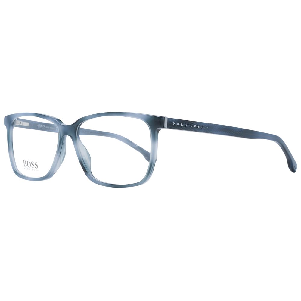 Lunettes en acétate bleues Hugo Boss avec monture élégante, vues de face sur fond neutre.