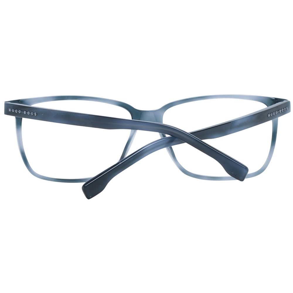 Lunettes en acétate bleues de Hugo Boss avec monture élégante et moderne, visibles sur l'image.