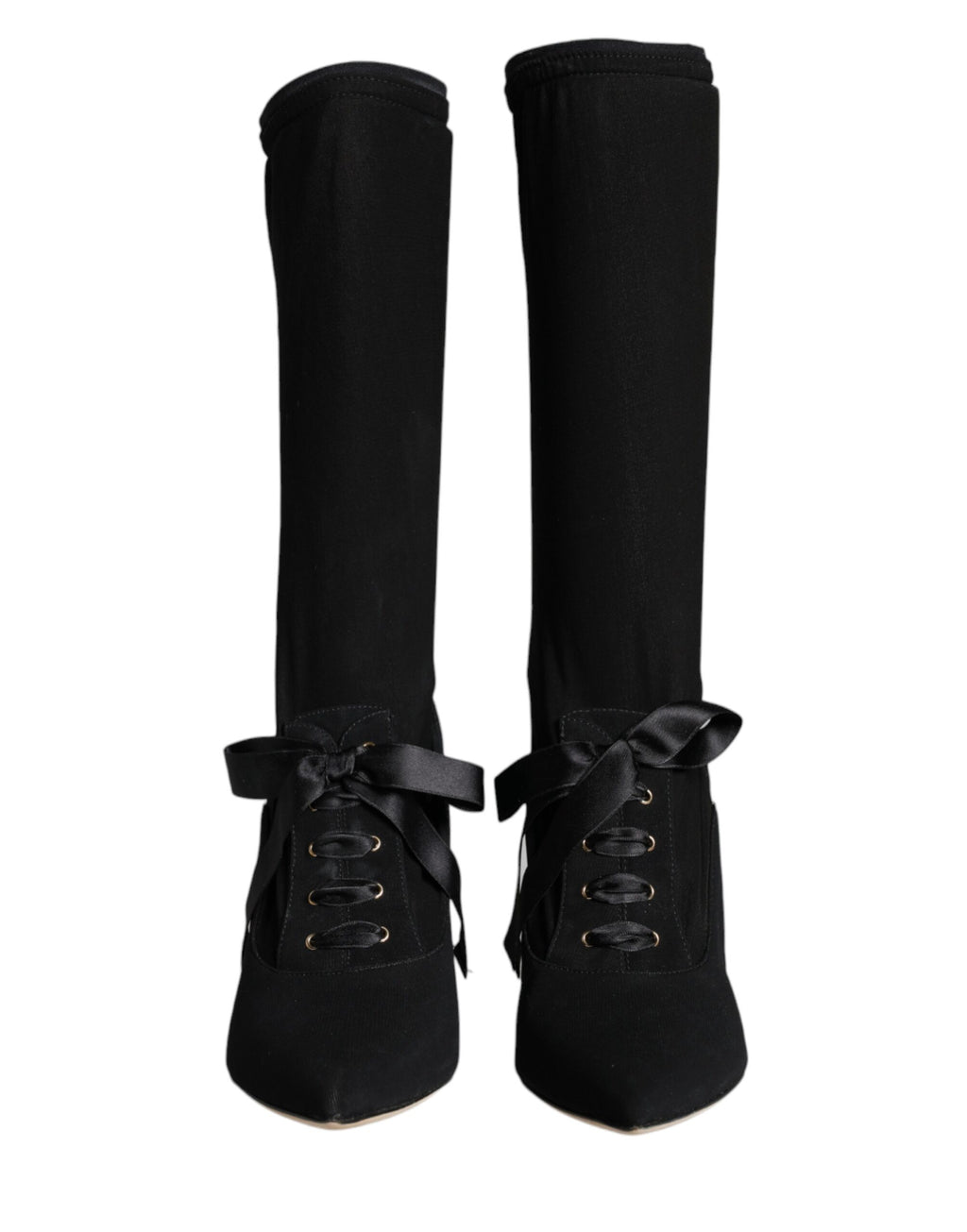 Chaussures Dolce & Gabbana, bottines noires à talons stiletto mi-mollet, élégantes et sophistiquées.