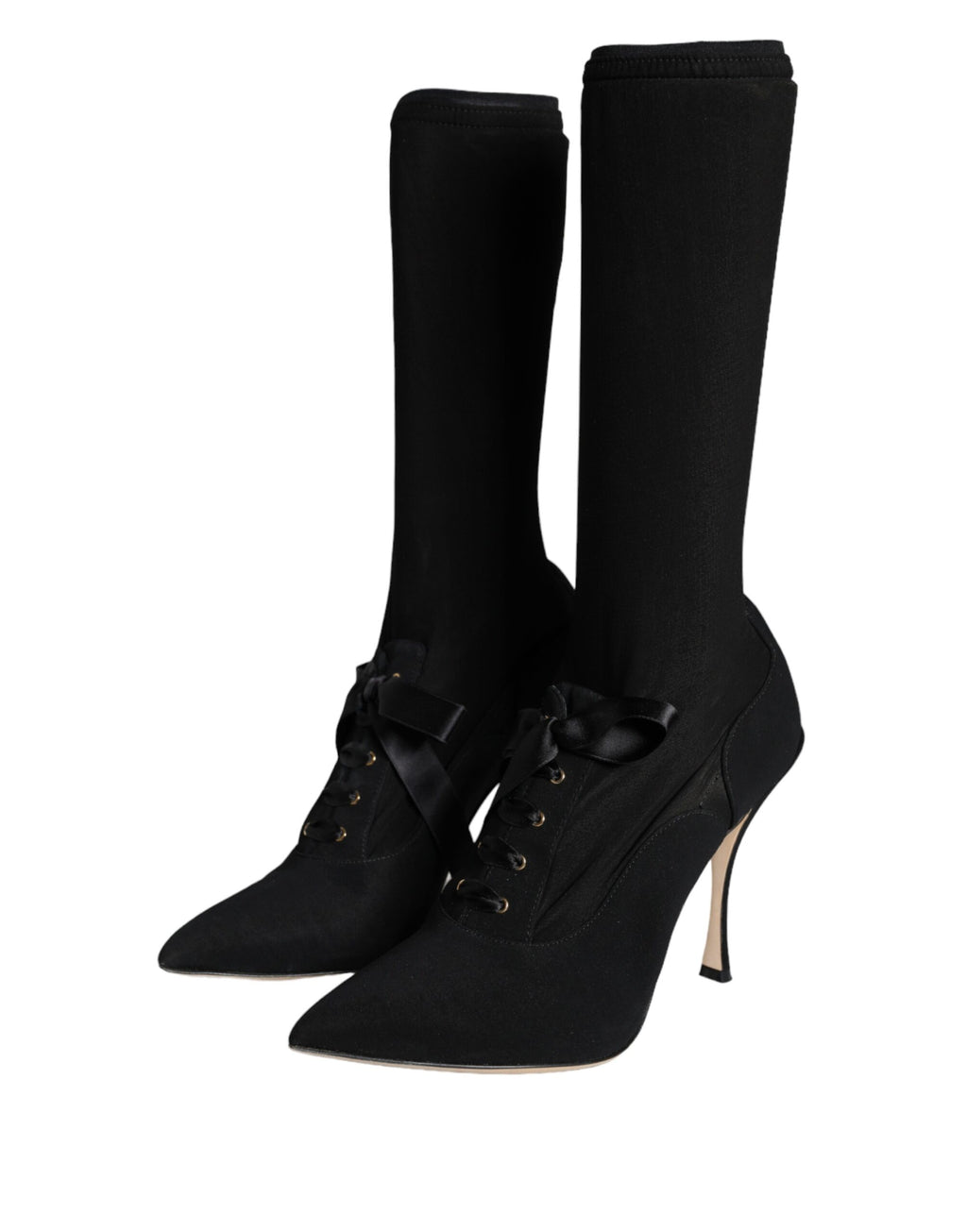 Chaussures Dolce & Gabbana, bottines noires à talons stilettos, mi-mollet, élégantes et sophistiquées, vue de face.