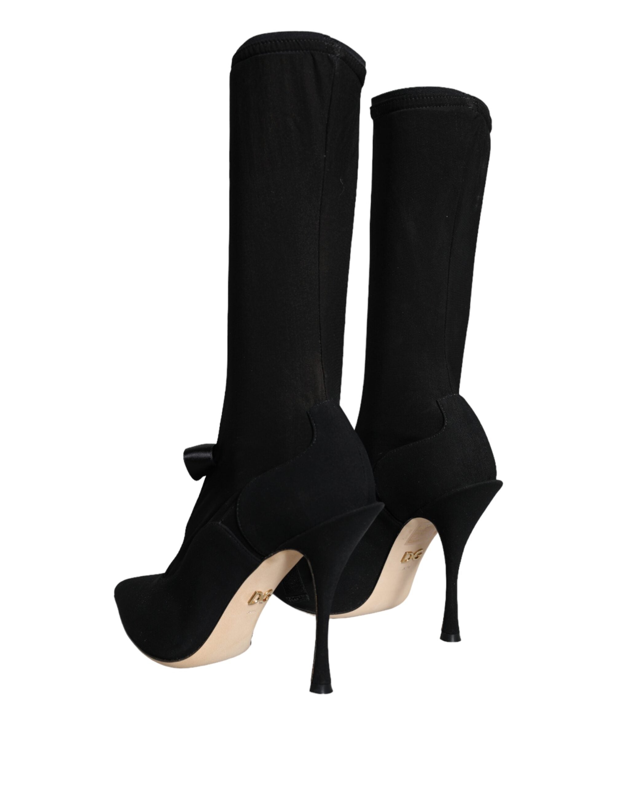 Chaussures Dolce & Gabbana bottes mi-mollet à talons aiguilles noirs, élégantes et sophistiquées, vues de face.