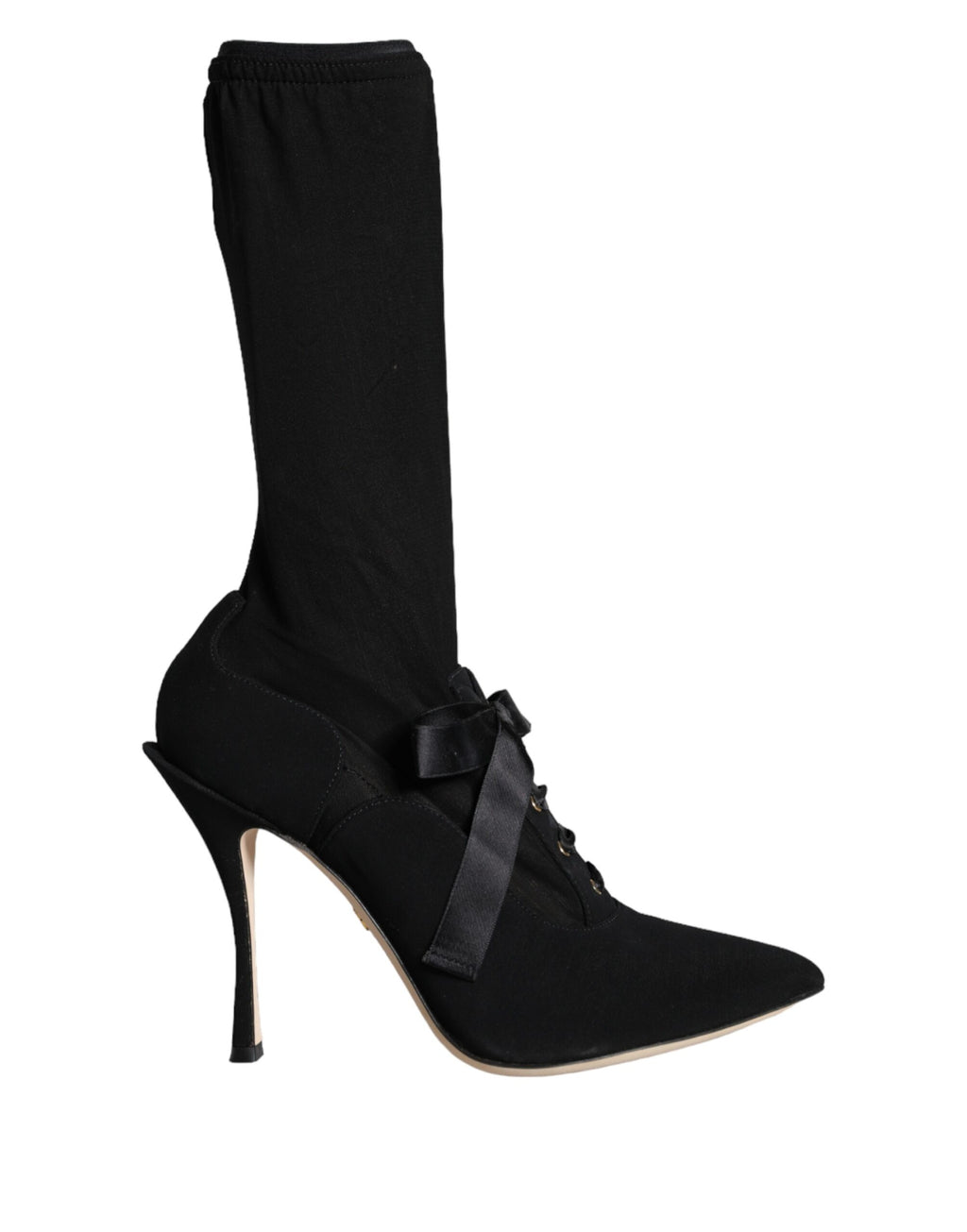 Chaussures Dolce & Gabbana à talons aiguilles noirs, bottines mi-mollet élégantes et sophistiquées, en cuir brillant.
