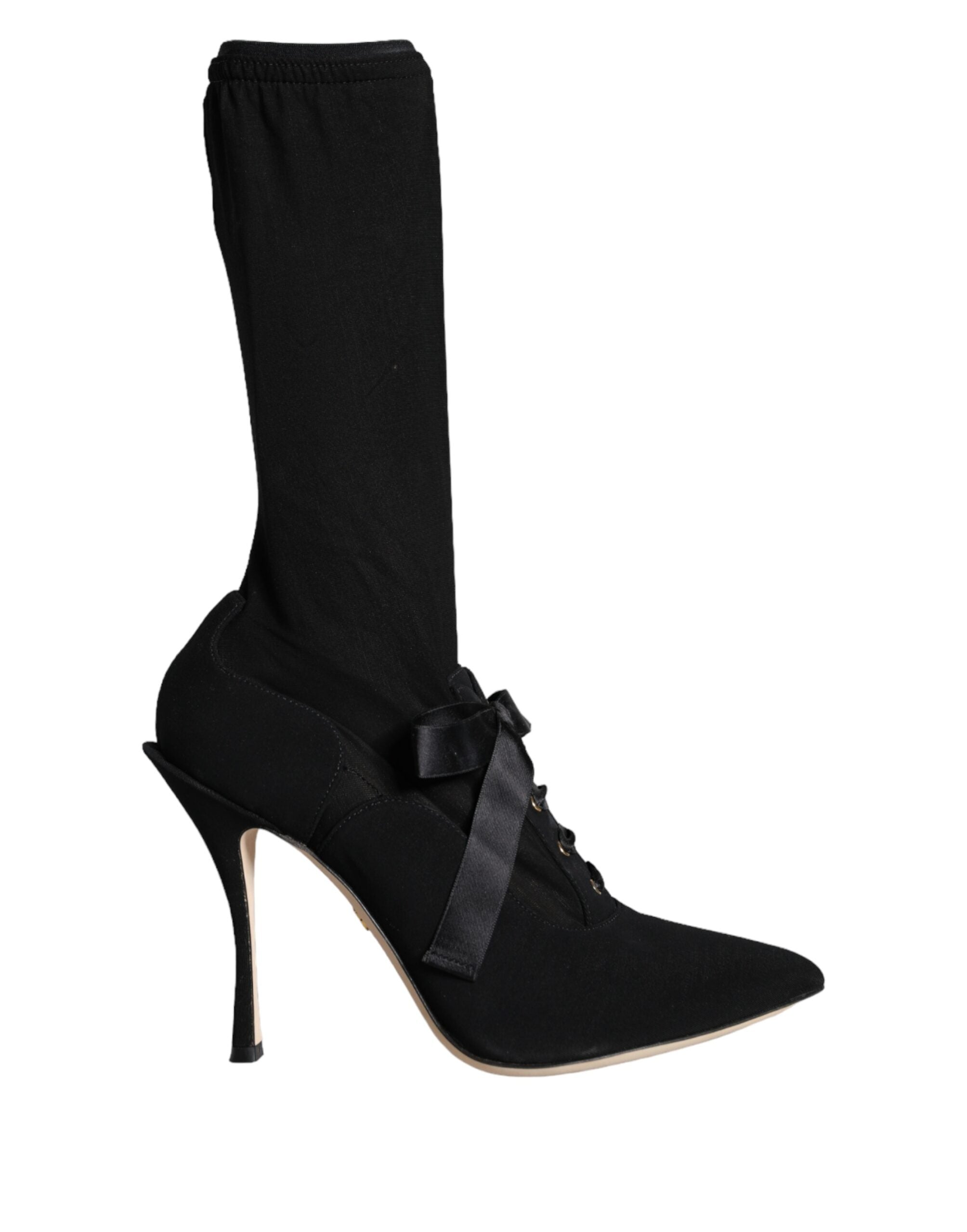 Chaussures Dolce & Gabbana bottines à talons stilettos noirs mi-mollet, en cuir avec finition élégante.