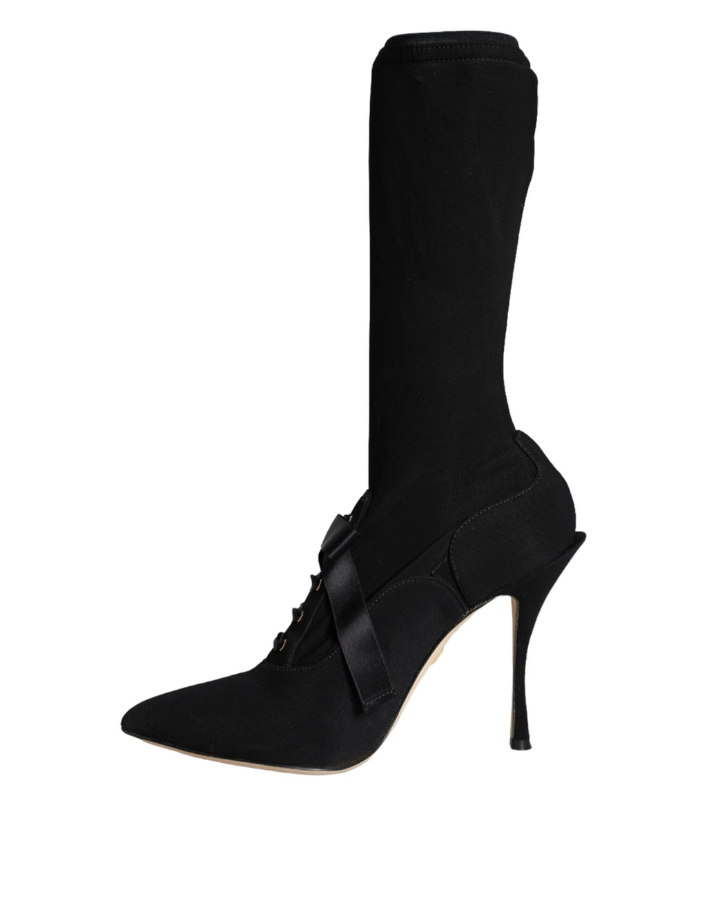 Chaussures Dolce & Gabbana à talons aiguilles noirs, bottines mi-mollet élégantes en cuir, vue de face avec détails de finition.
