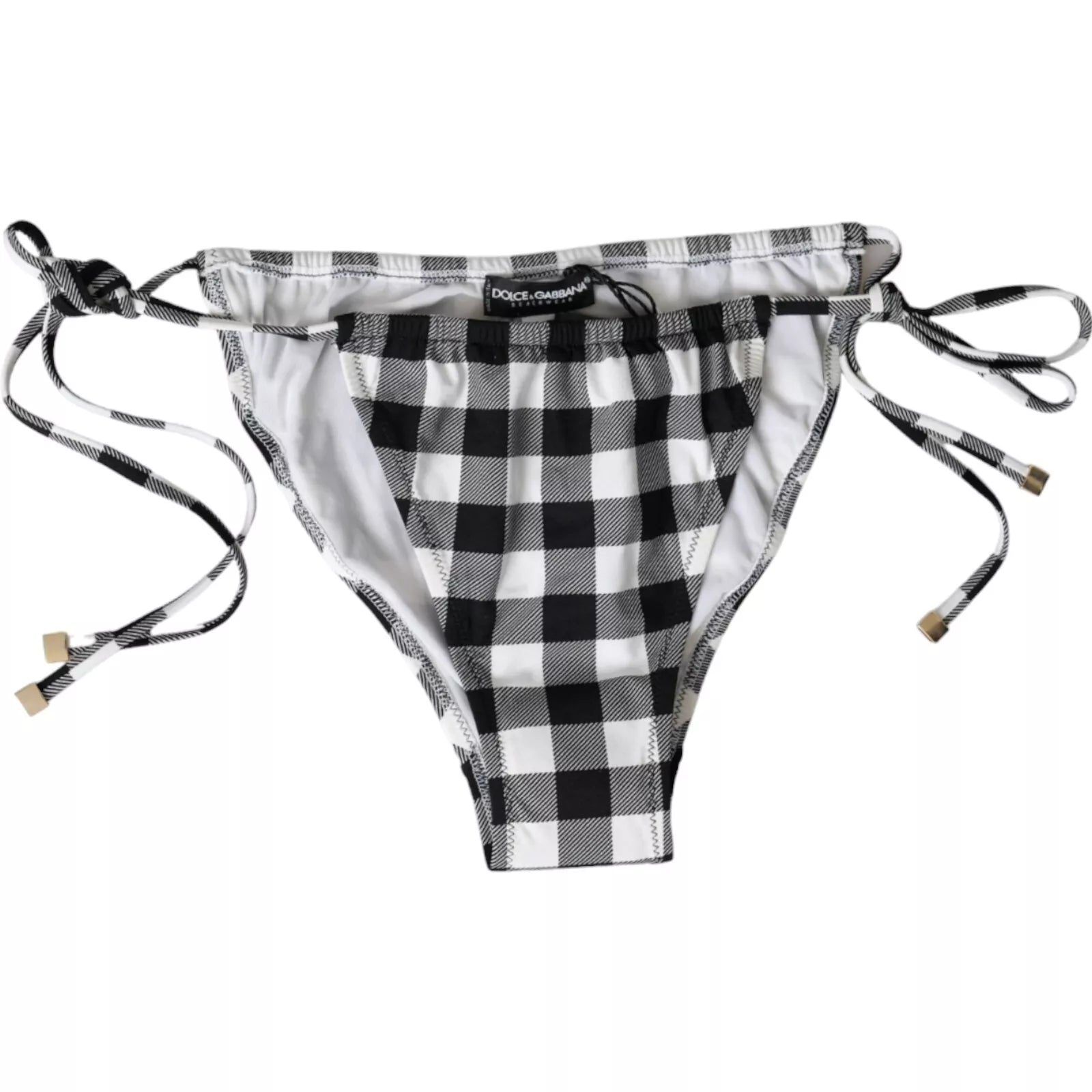 Maillot de bain Dolce & Gabbana à carreaux noirs et blancs, bas de bikini pour plage et soleil.