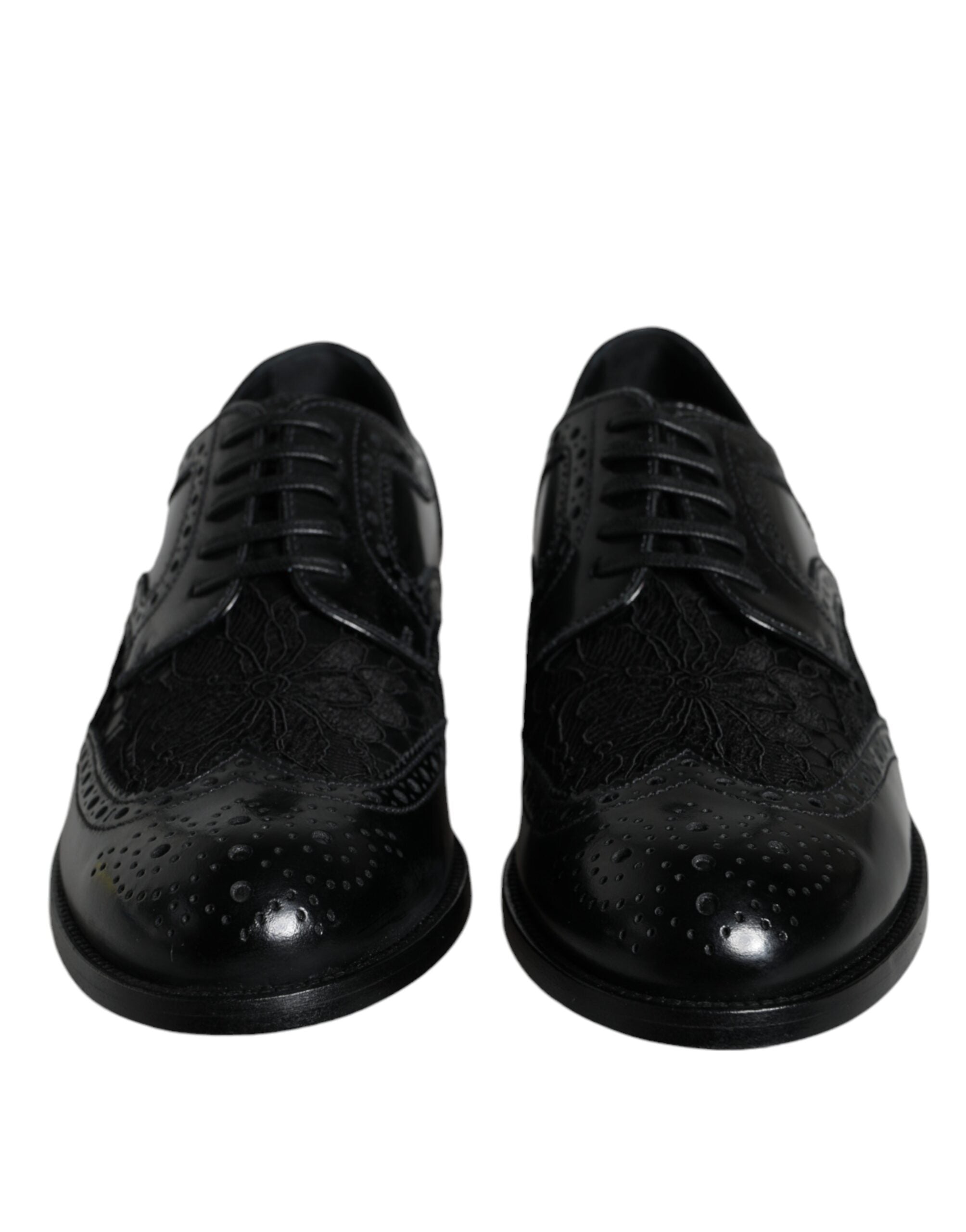 Chaussures formelles Dolce & Gabbana en cuir noir avec détails en dentelle florale.