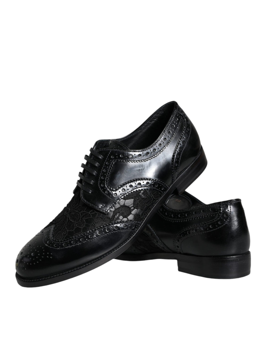 Chaussures formelles Dolce & Gabbana en cuir noir avec détails floraux en dentelle, élégantes et sophistiquées.